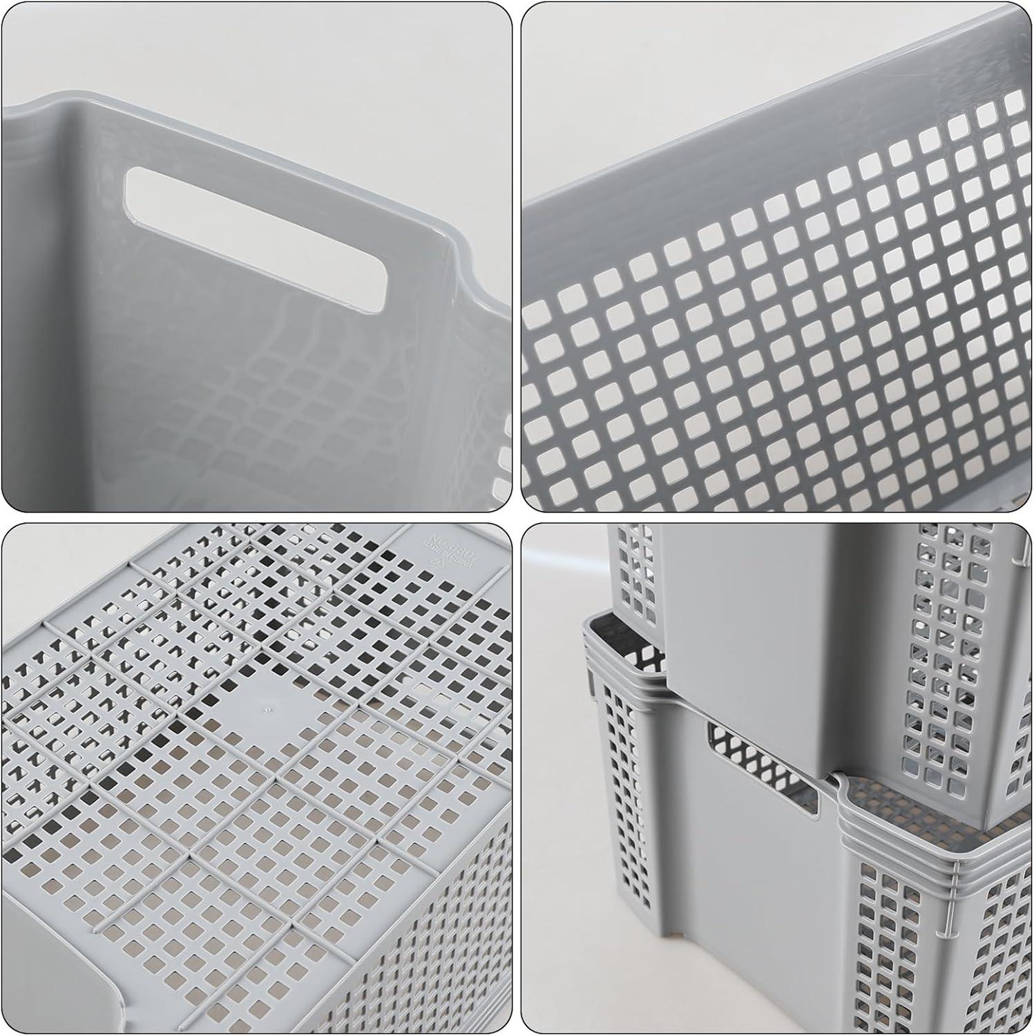 Gray Rectangular Stacking Plastic Storage Baskets, 13 Quart Capacity, Set of 6