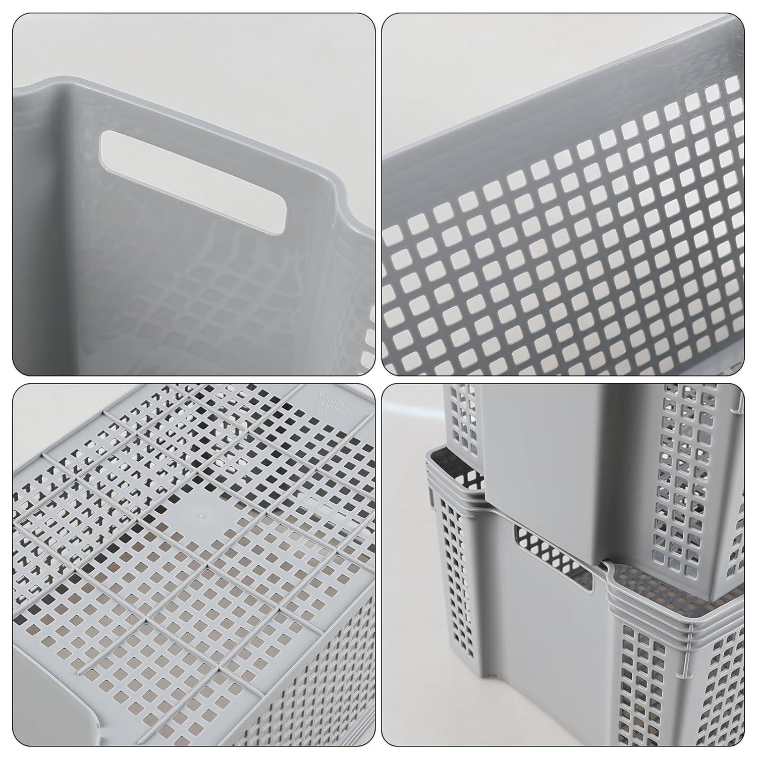 Gray Rectangular Stacking Plastic Storage Baskets, 13 Quart Capacity, Set of 6