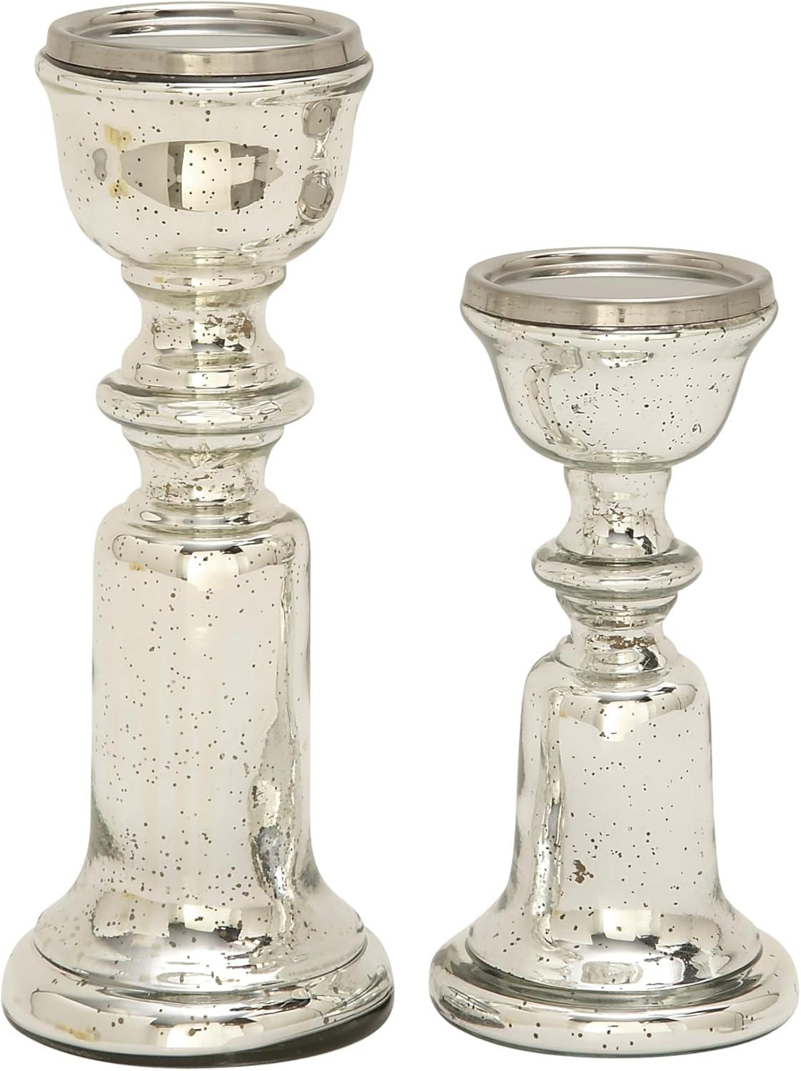 DecMode 2 Candle Silver Glass Handmade Turned Style Pillar Candle Holder, Set of 2