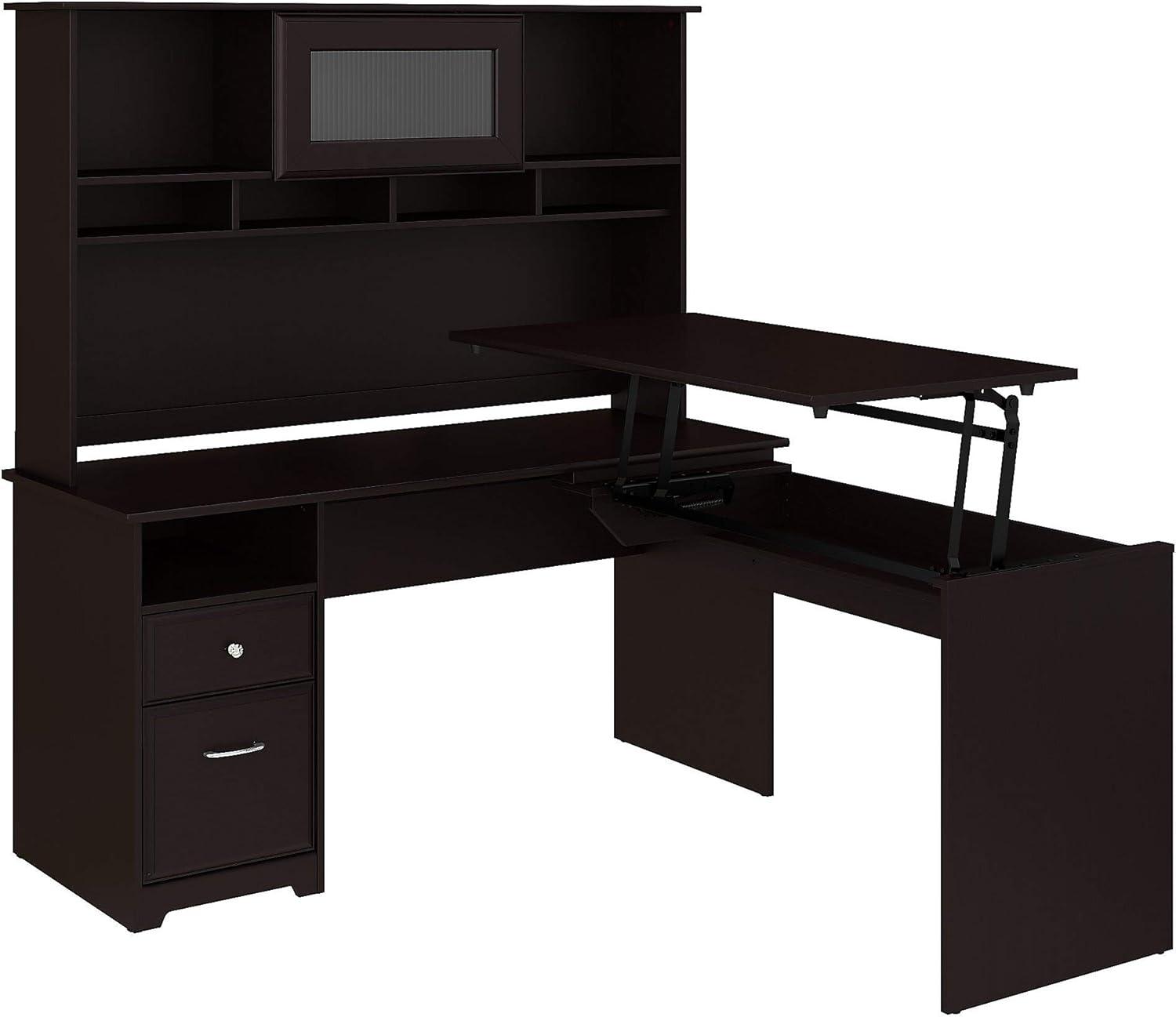 Espresso Oak Adjustable Height L-Shaped Desk with Hutch and Drawers