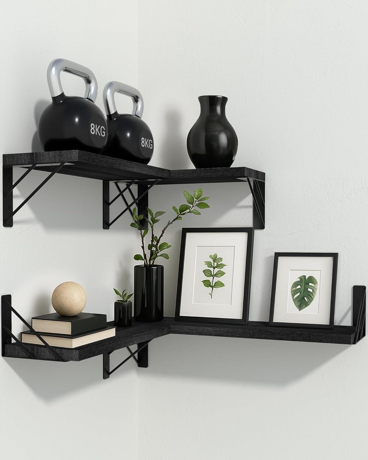 BAYKA Wall Mounted Floating Shelves, Wood Floating Wall Shelf for Books & Decor, Small Space-Saving Display & Organizer（Black，Set of 3）