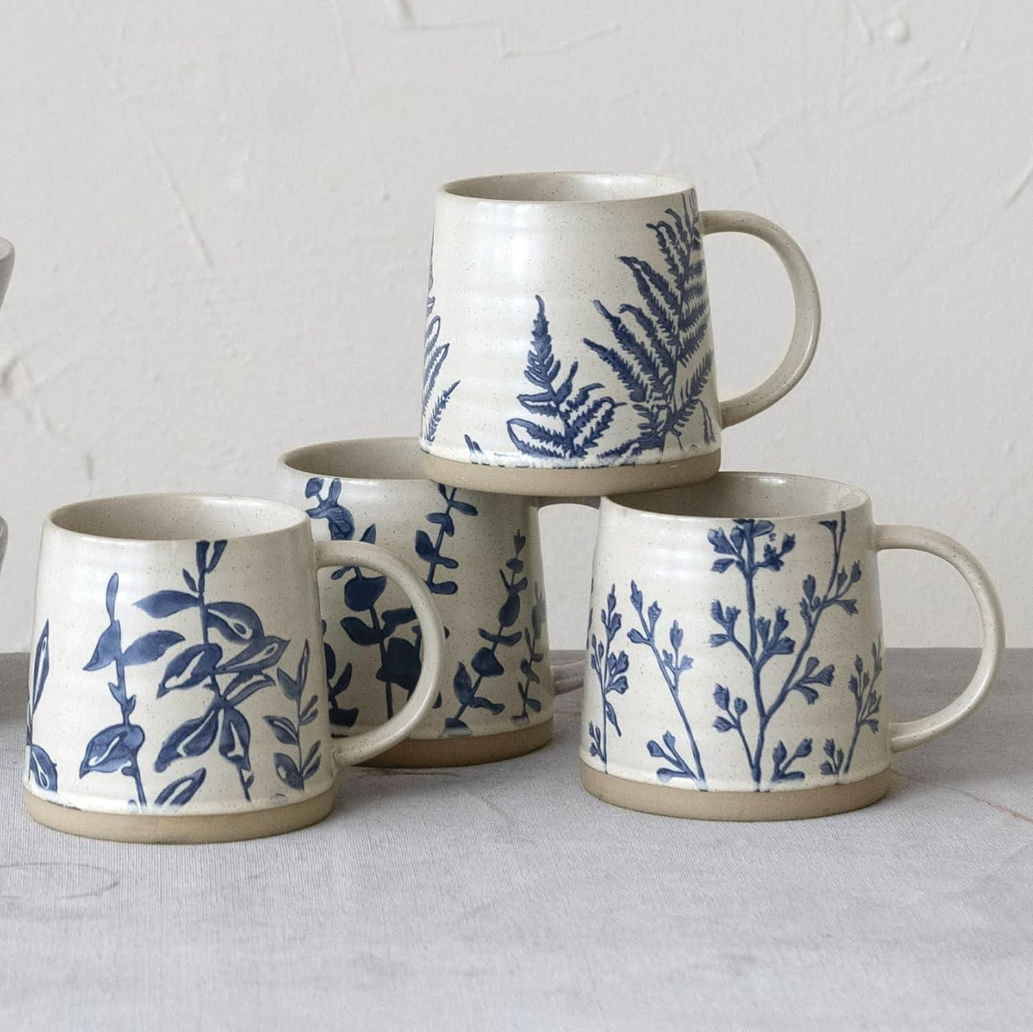 Hand Stamped Blue Botanical Ceramic Mugs Set of 4