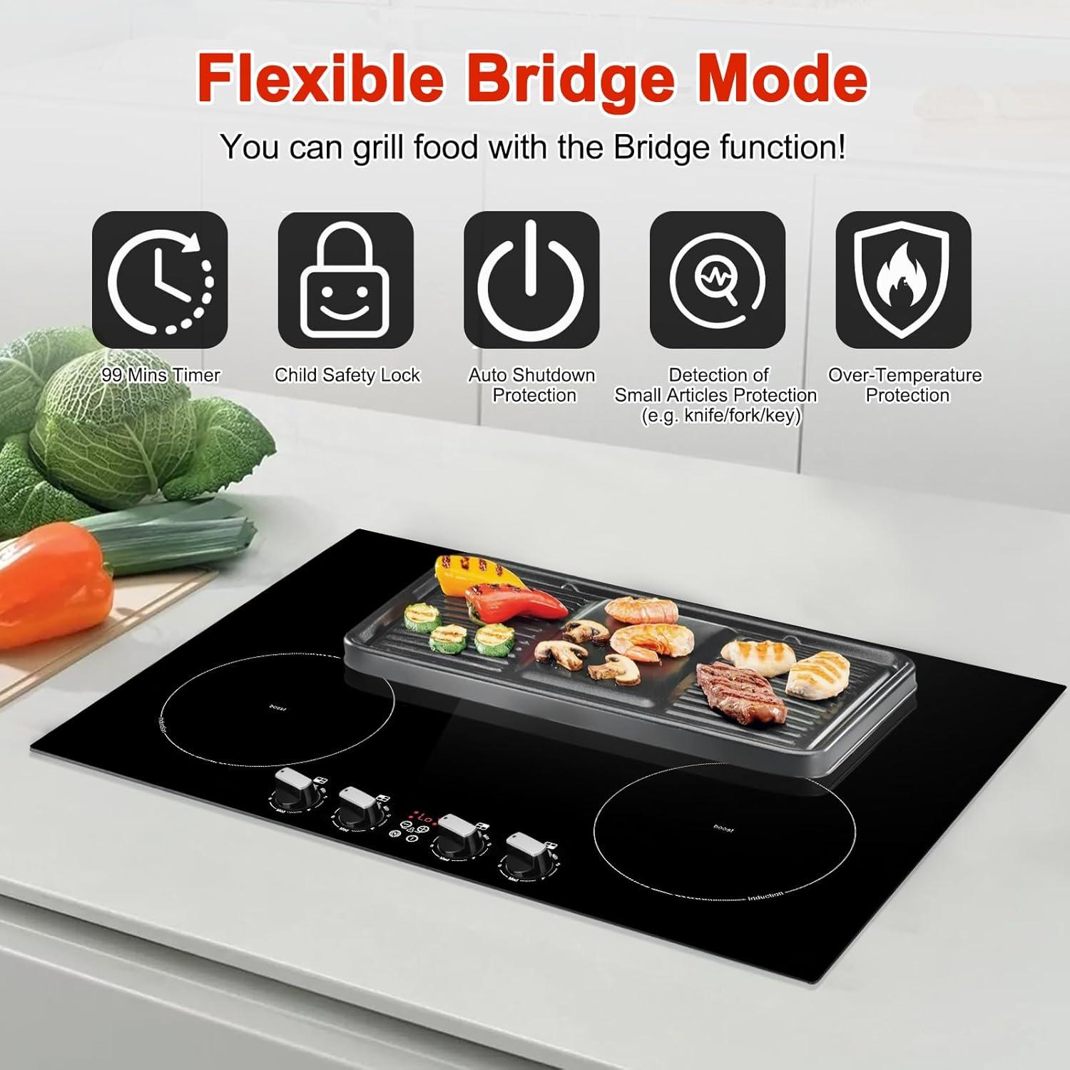 Induction Cooktop 30 inch-Induction Cooktop with Knobs Control-Bridge Element/Boost/Griddle Compatible / 8200W / 10 Power Levels/Timer/Child Safety Lock / 240V / Hard Wire