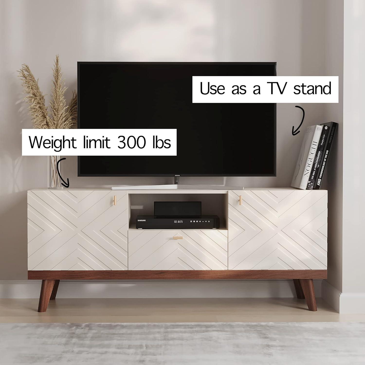 Living Skog  Alba Beige TV Stand Console with Drawer Fits TV's up to 65 in. with Wood Legs Mid Century Modern Design Beige Laminate Up to 240 lbs