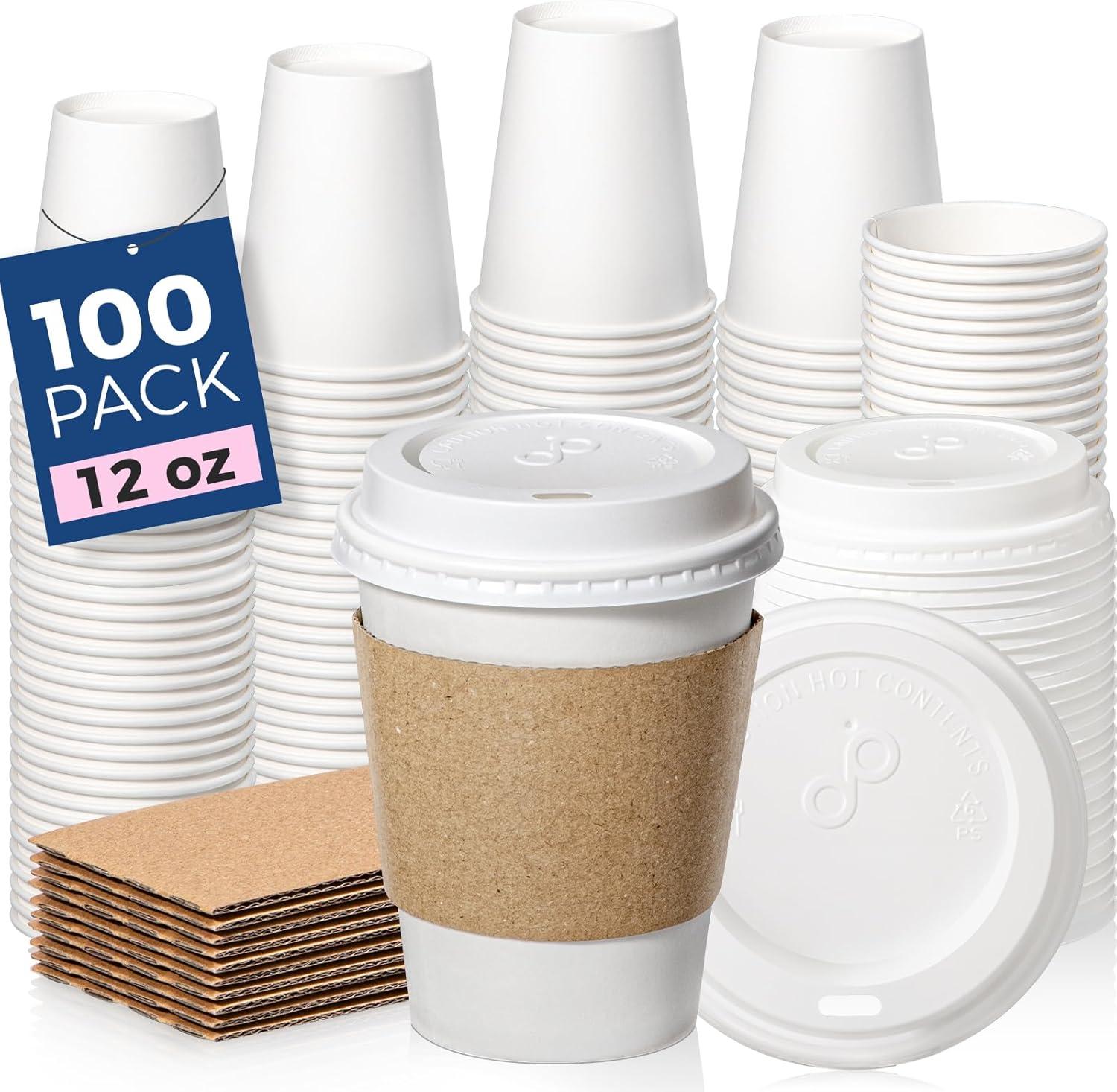 FAST APPLIANCES LLC Paper Cups,Cups,Disposable Cups 100 Pack 12 Oz Leak-Proof Coffee Cups With Lids And Sleeves Disposable Paper To Go Hot Coffee Cups For Home, Business, Office, Cafes And Parties