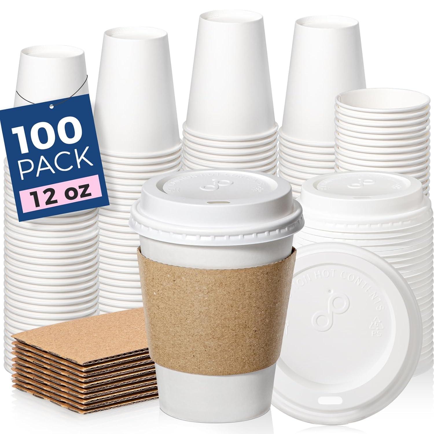 FAST APPLIANCES LLC Paper Cups,Cups,Disposable Cups 100 Pack 12 Oz Leak-Proof Coffee Cups With Lids And Sleeves Disposable Paper To Go Hot Coffee Cups For Home, Business, Office, Cafes And Parties