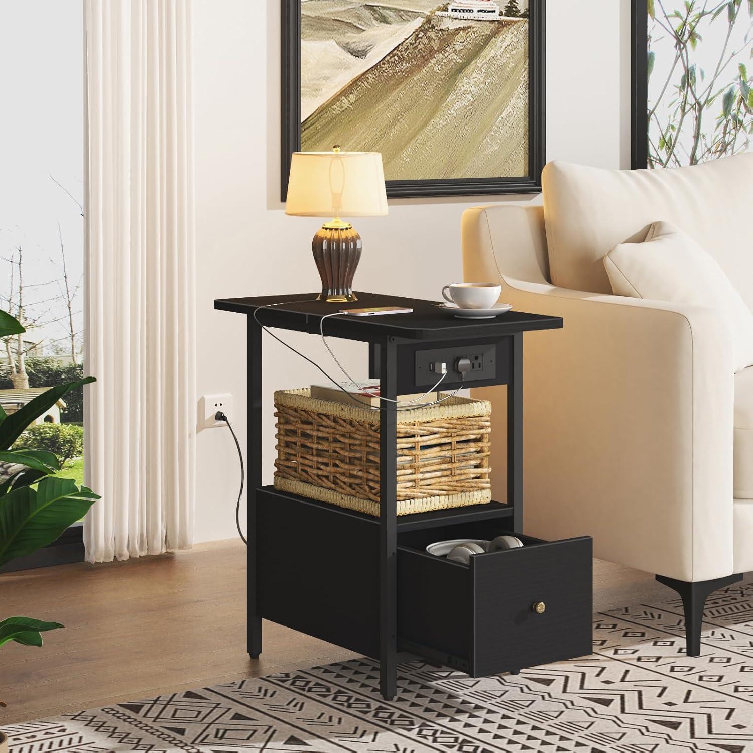 End Table with Charging Station, Narrow Side Table with Drawer and USB Ports & Power Outlets, Nightstand Bedside Tables for Small Spaces, Bedroom, Living Room, Black