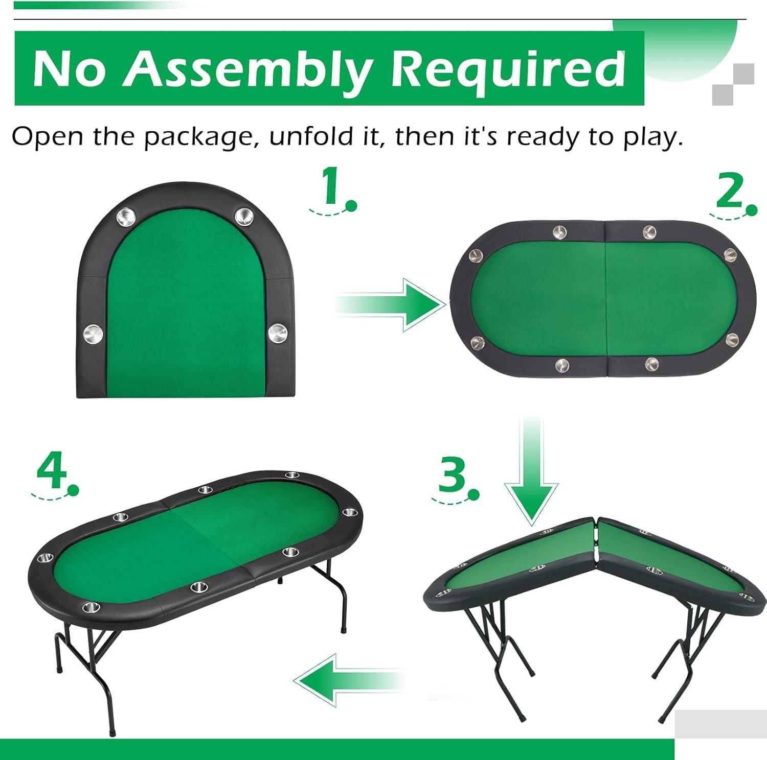 Folding Poker Table for 8 Players, Card Table with Cup Holder, Casino Leisure Table with Green Felt Surface for Blackjack Board Games