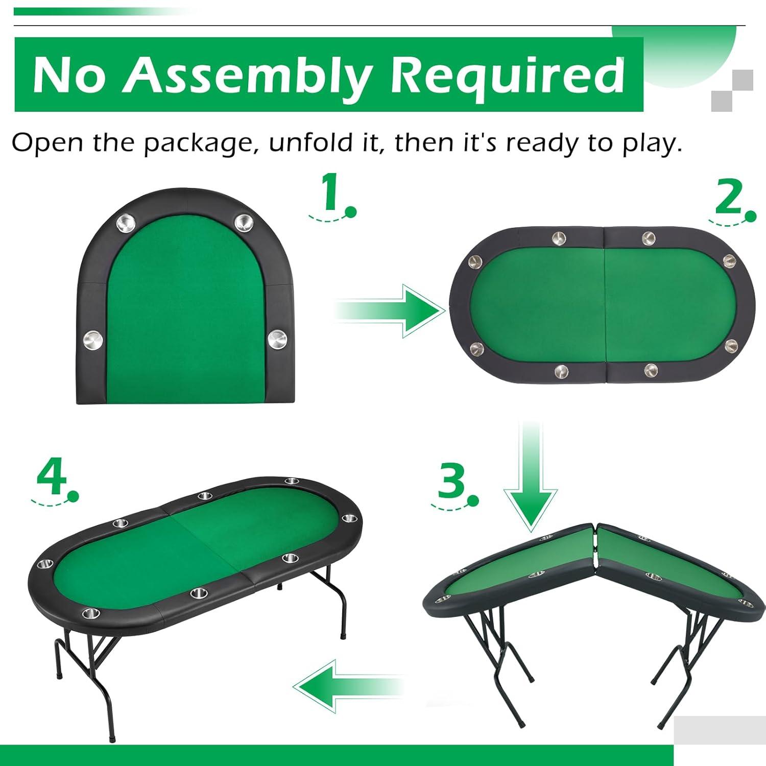 Folding Poker Table for 8 Players, Card Table with Cup Holder, Casino Leisure Table with Green Felt Surface for Blackjack Board Games