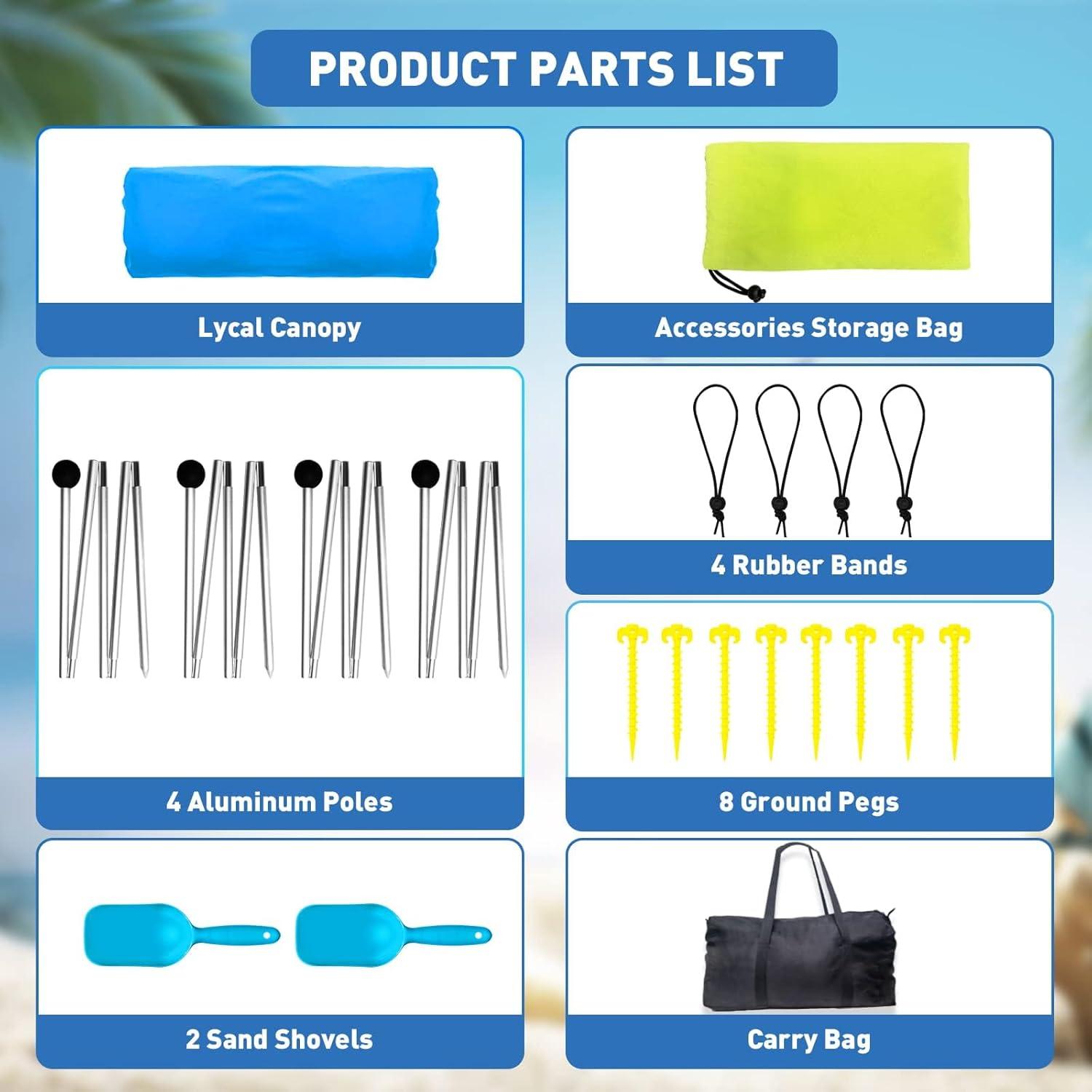 Beach Tent Canopy Pop Up Shade 10x10ft Sun Shelter Portable Family UPF50+ with 8 Sandbags-2 Sand Shovel-4 Aluminum Poles-Ground Pegs-Carrying Bag for Outdoor Camping Fishing Backyard Picnic