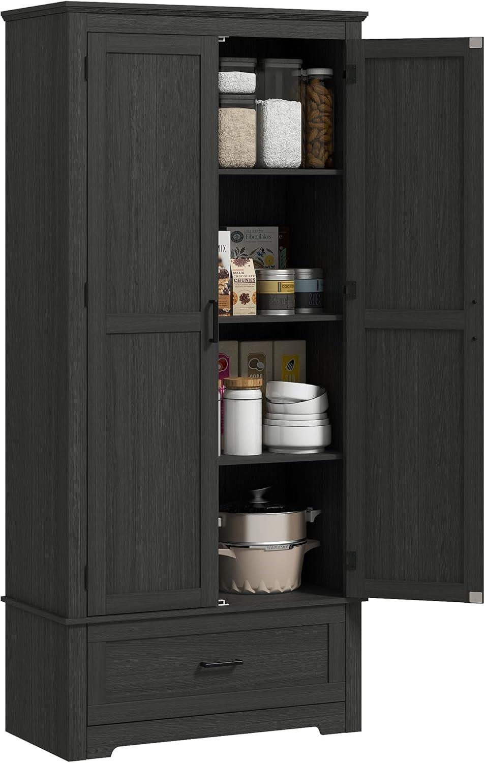 HOMCOM 69" Tall Farmhouse Kitchen Pantry Storage Cabinet with Drawer and Adjustable Shelves, Black