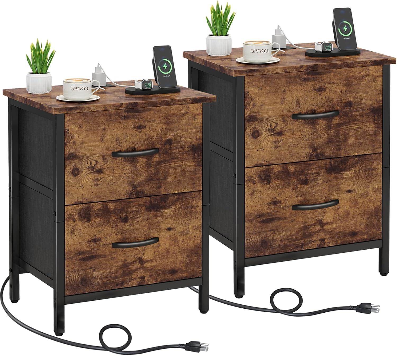 Nightstand Set Of 2 With Charging Station, End Table Bedside Table With Power Outlet & USB Ports, Side Table With 2 Fabric Drawers For Bedroom, Living Room, Rustic Brown