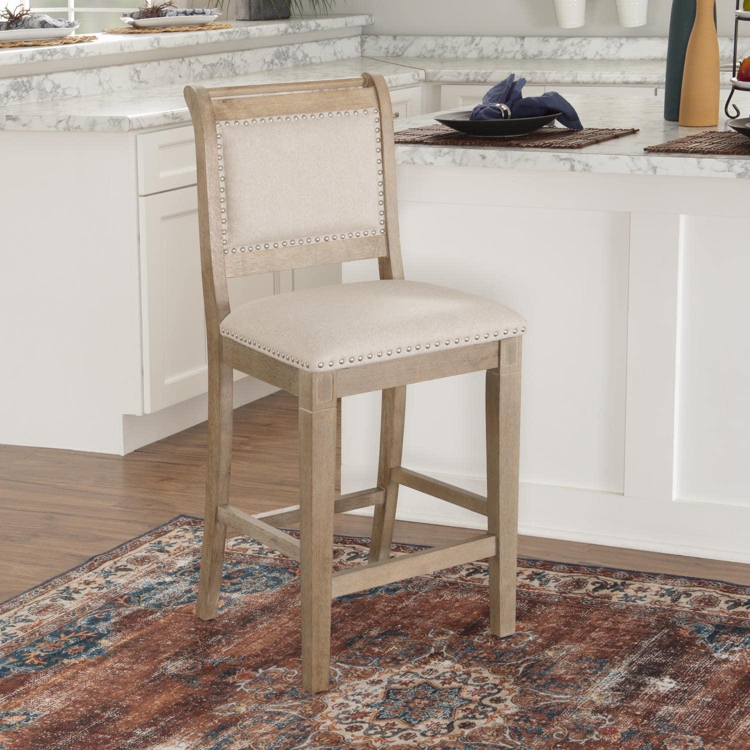 Emmy Padded Back Nailhead Counter Height Barstool Natural - Linon: Upholstered, Footrest, Rustic Wash