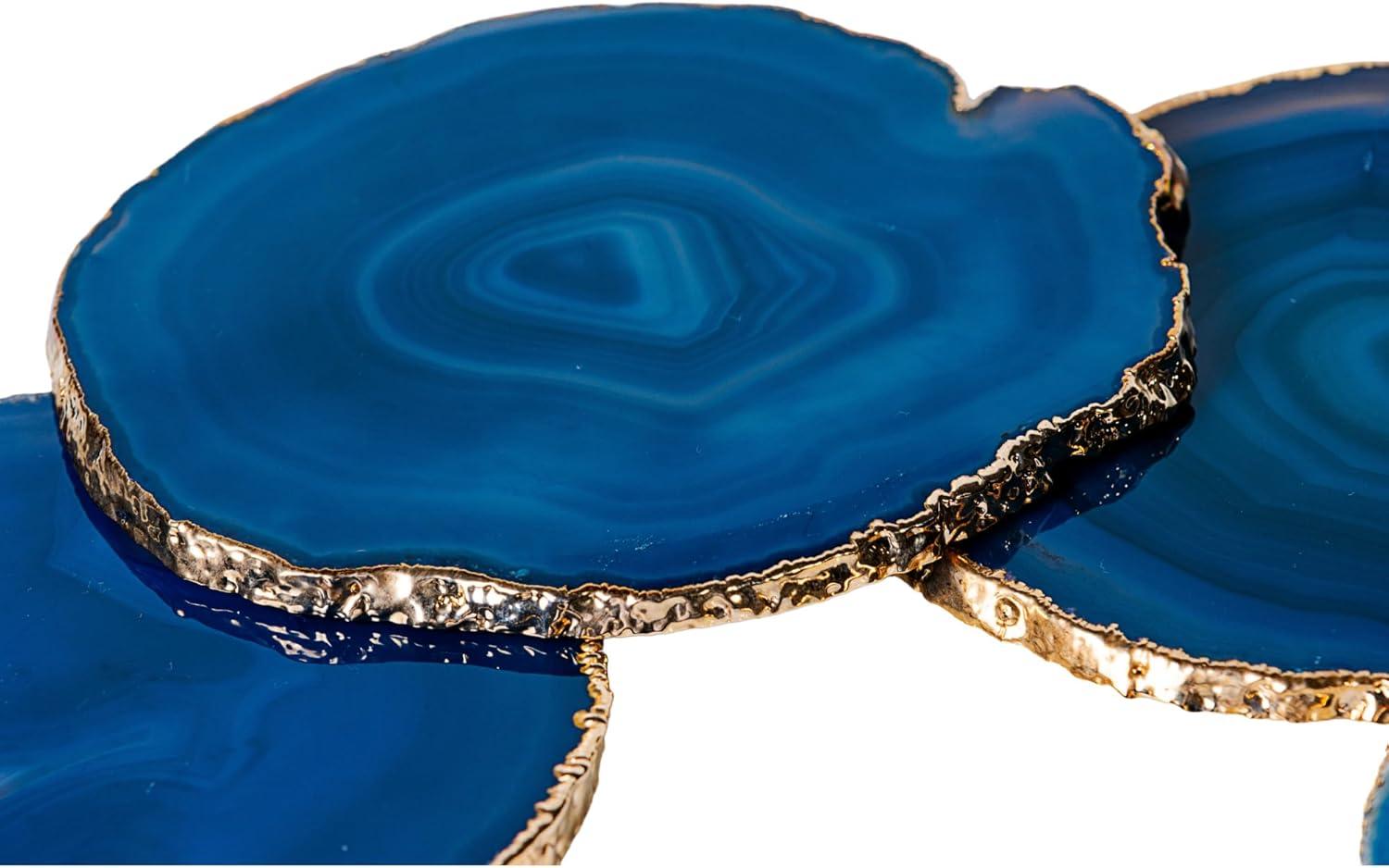 Nature's Decorations Teal Gold Rimmed Agate Stone Coasters - Set of 4, Polished Geode Drink Mats for Dining & Coffee Table & Kitchen Geode Decor Non-Toxic 3.5-4" Diameter