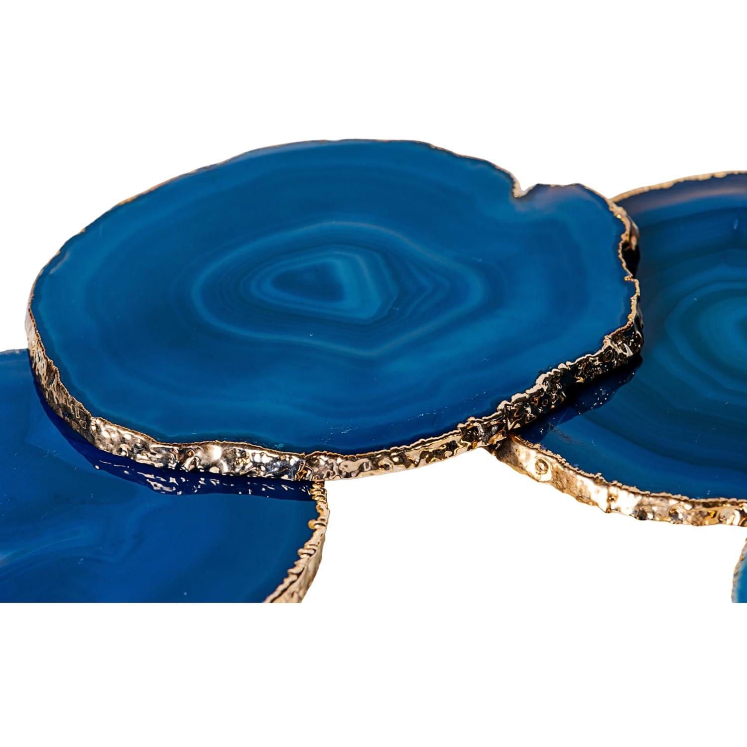 Nature's Decorations Teal Gold Rimmed Agate Stone Coasters - Set of 4, Polished Geode Drink Mats for Dining & Coffee Table & Kitchen Geode Decor Non-Toxic 3.5-4" Diameter