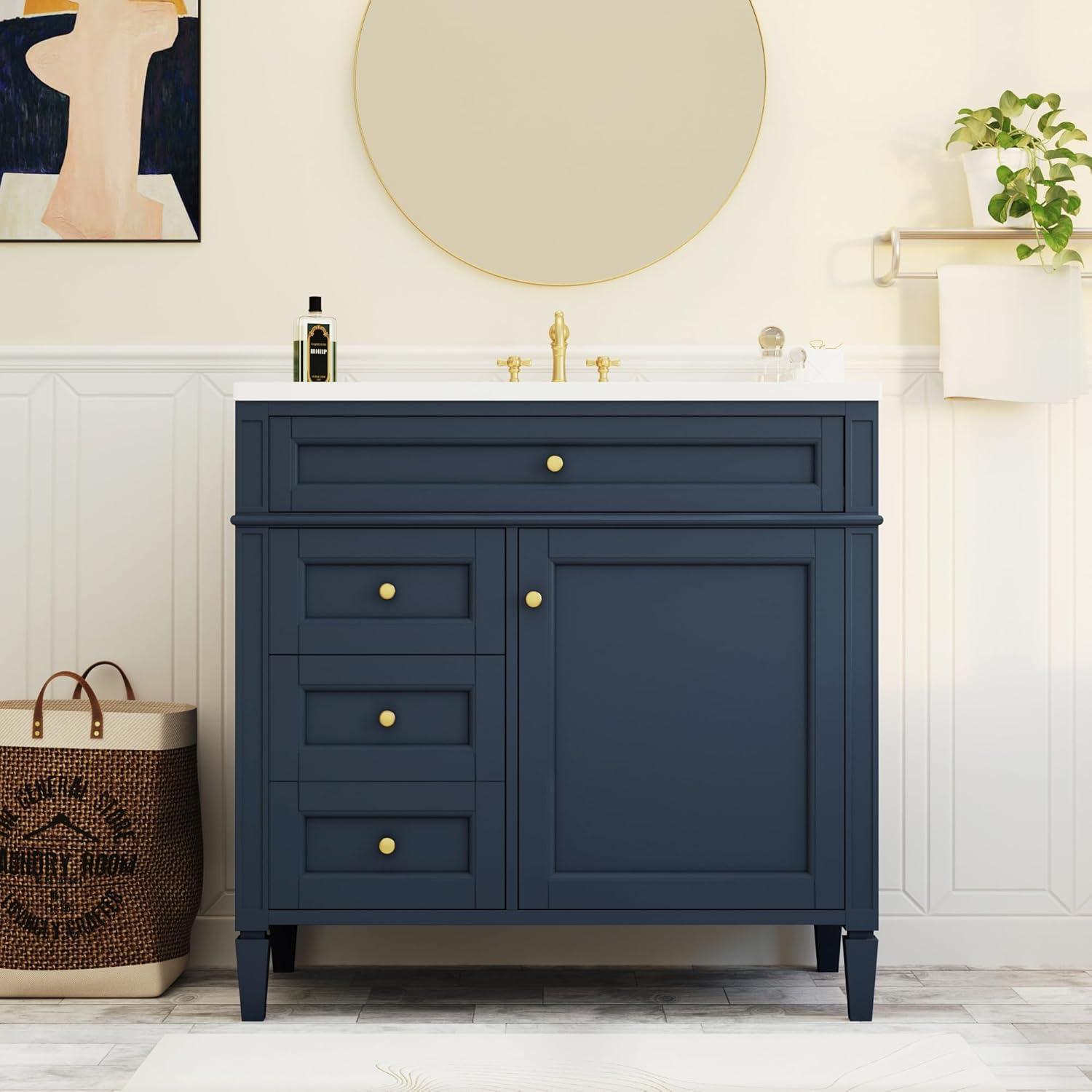 Bathroom Vanity with Sink, 36 inch Bathroom Vanity with Sink, Bathroom Sink Vanity with Storage Cabinet and 2 Drawers, Built-in Tip-Out Drawer, Freestanding Bathroom Vanity Cabinet for Bathroom, Blue