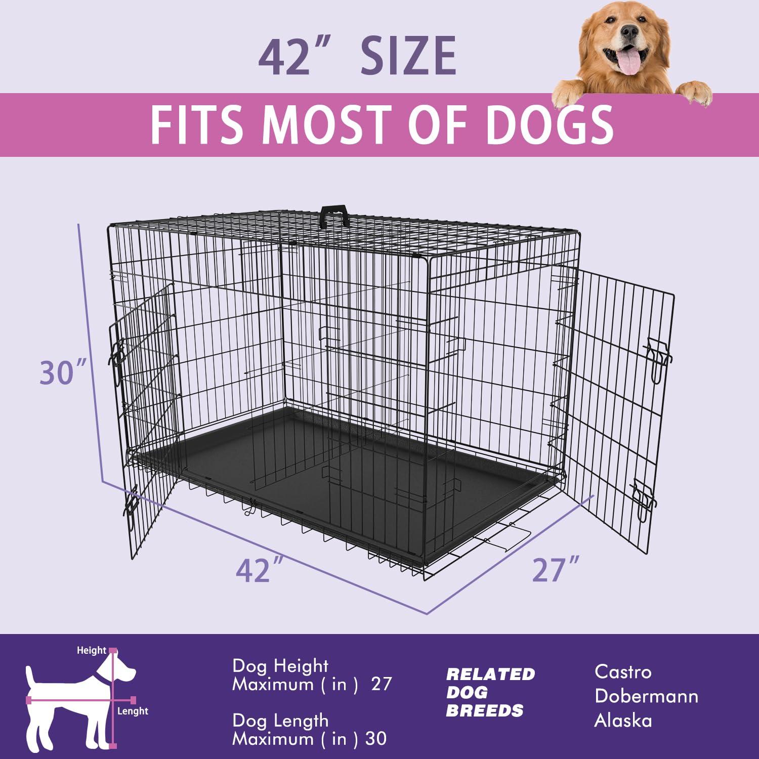 CL.HPAHKL Durable Large Dog Crate, Folding Metal Dog Kennel Double Door Dog Cage with Plastic Tray, Wire Crate for Large Dog Indoor Outdoor Travel (Black, 42 inch)