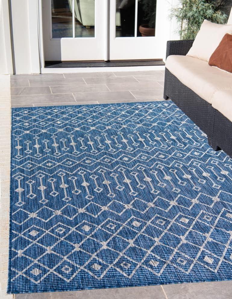 Unique Loom Outdoor Trellis Collection Area Rug - Tribal Trellis (8' x 10' Rectangle Blue/Ivory)