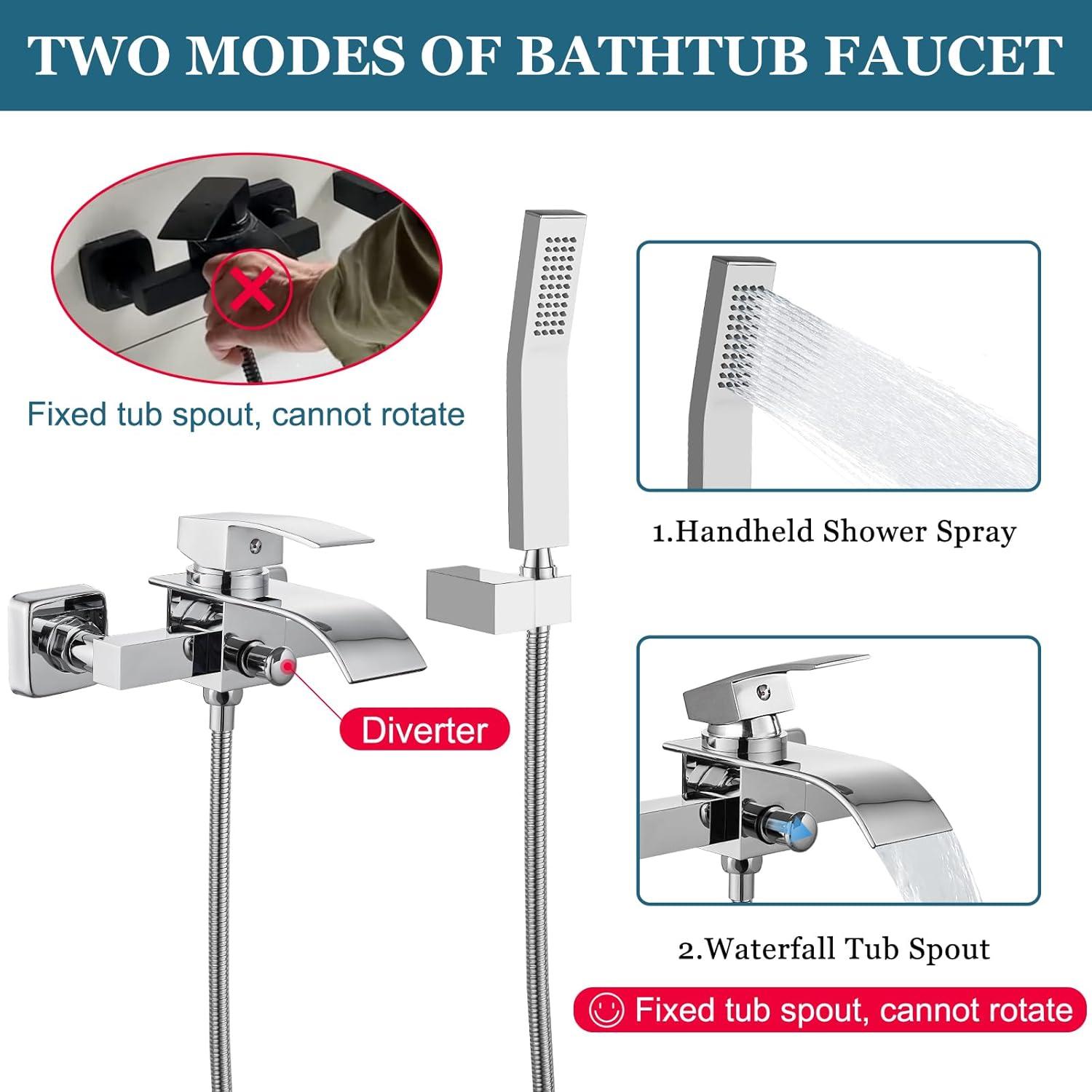 Polished Chrome Wall Mount Bathtub Faucet with Handheld Spray