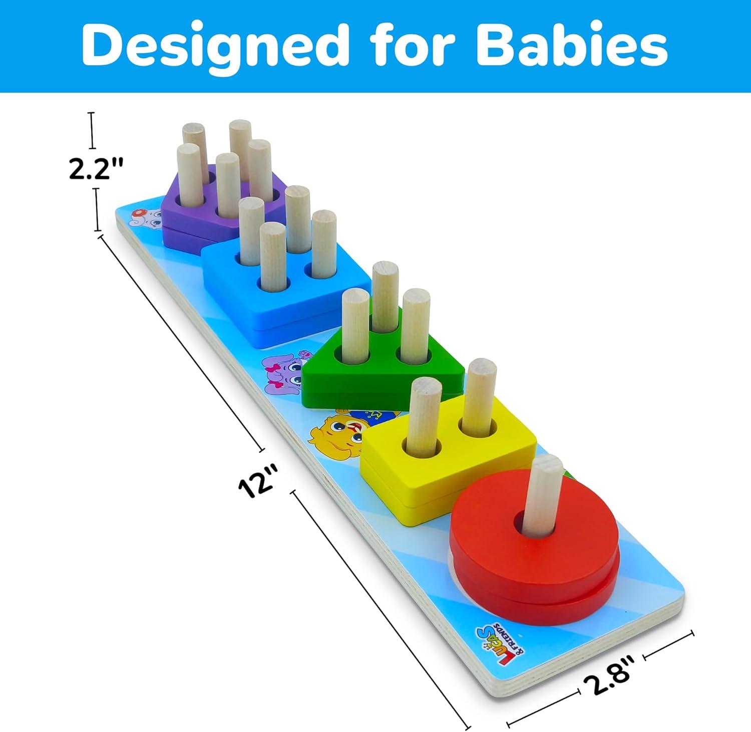Lucas & Friends Sorting & Stacking Toys, Wooden Puzzle Toy for Learning Shapes and Colors