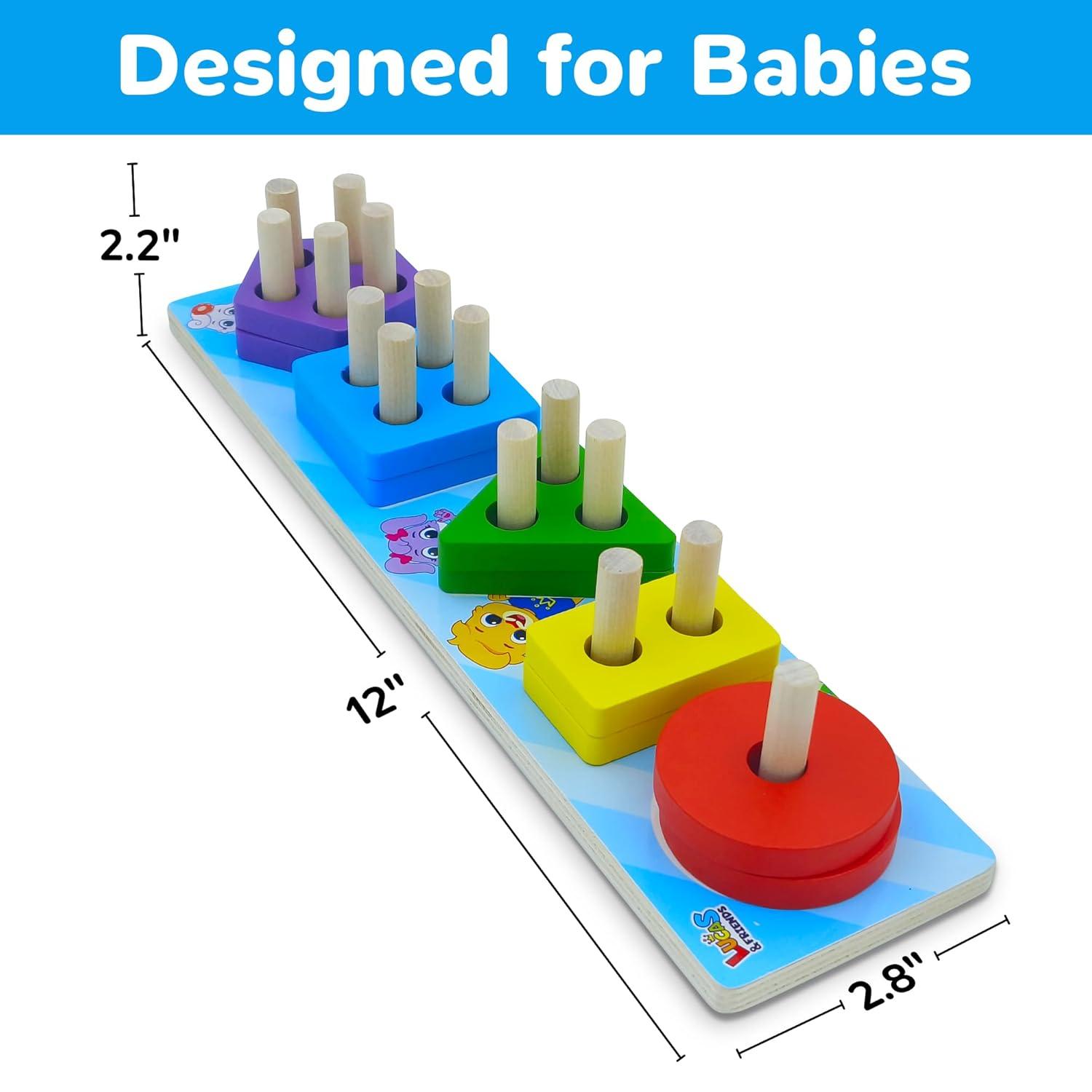 Lucas & Friends Sorting & Stacking Toys, Wooden Puzzle Toy for Learning Shapes and Colors