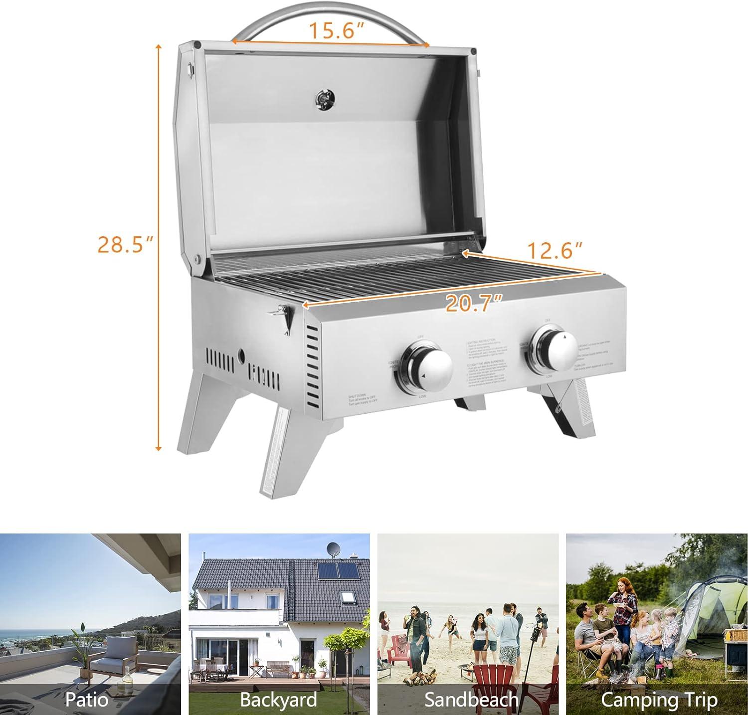 Stainless Steel 2-Burner Portable Propane Gas Grill