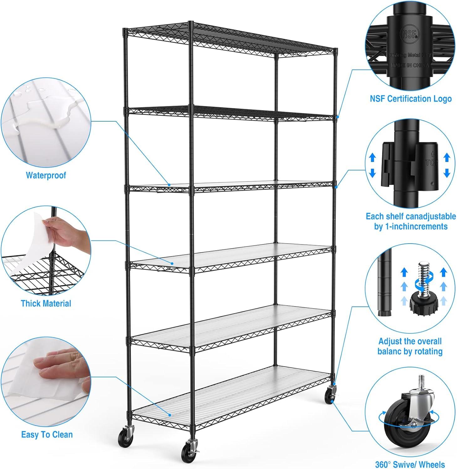 Black 6-Tier Heavy-Duty Adjustable Metal Wire Storage Rack with Wheels