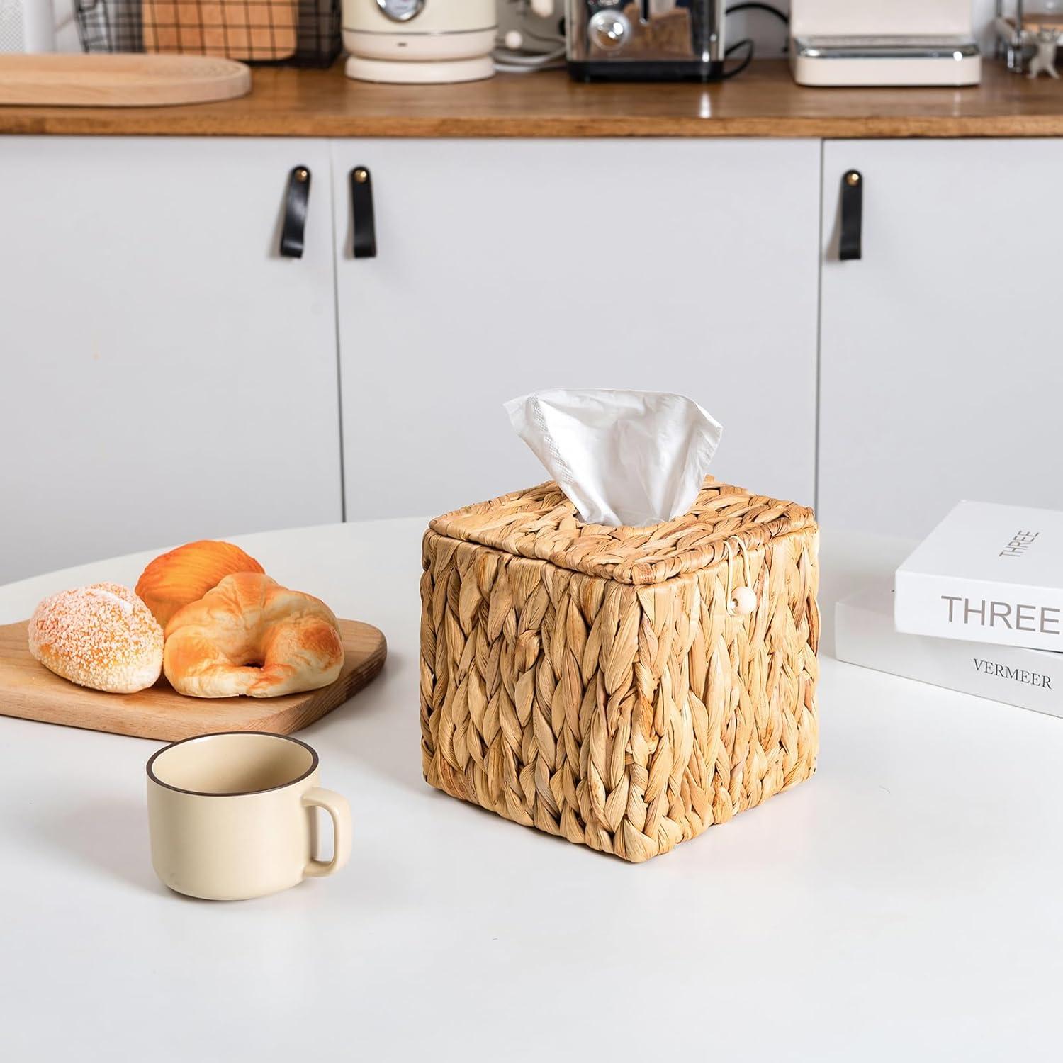 PINXIURY Water Hyacinth Handwoven Tissue Box Cover, Natural Handmade Wicker Napkin Box Holder, Handcrafted Square Facial Tissue, Rustic Decorative on Table and Bathroom, Office, Boho Decorative