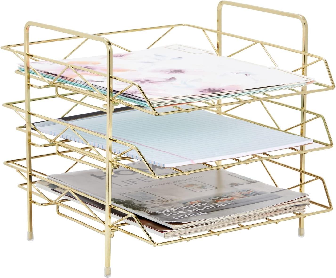 3-Tier Metal File Holder for Home or Office Desk, Stackable Paper Tray, Gold, 13 x 11 In