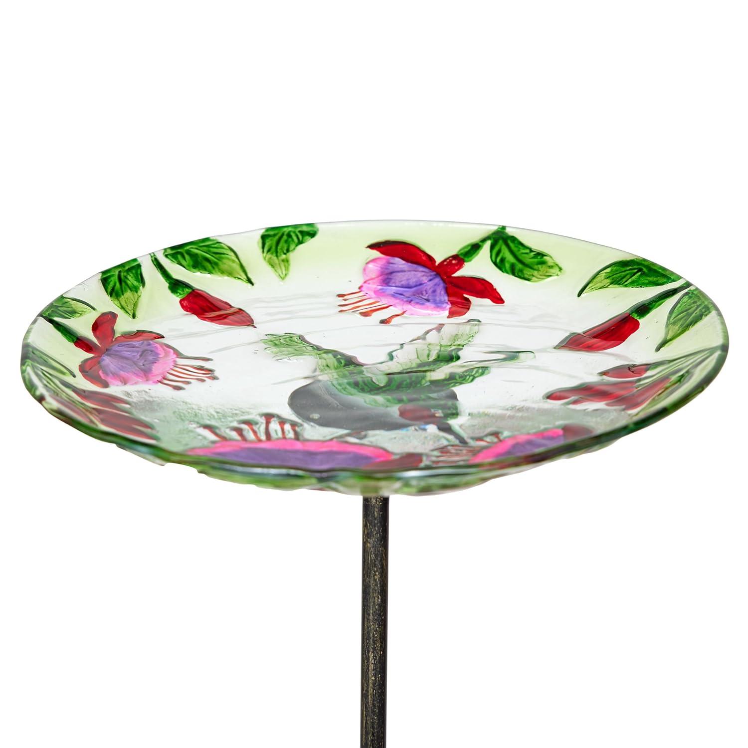 Alpine Glass Stake Bird Bath with Flowers and Hummingbird | Wayfair