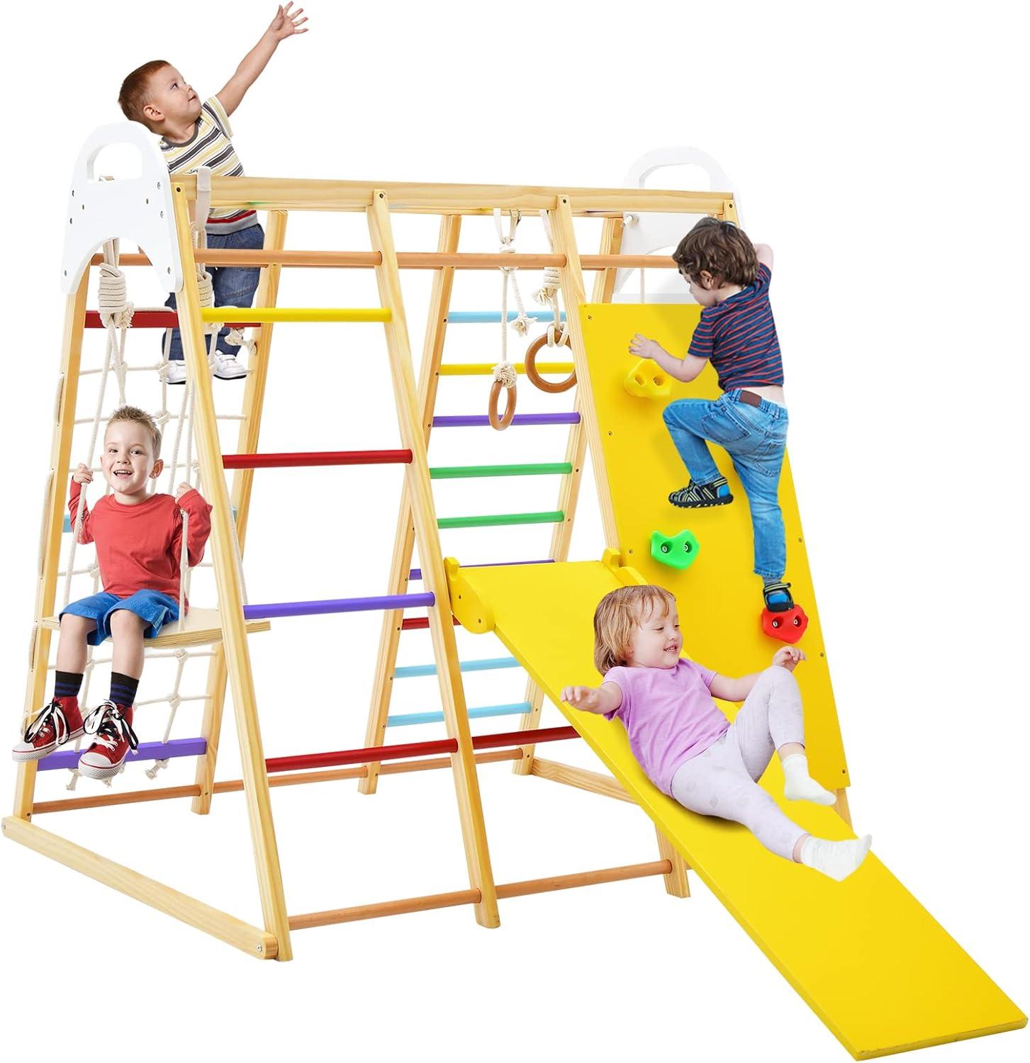 Costway 8-in-1 Jungle Gym Playset, Wooden Climber Play Set with Monkey Bars Colorful/Natural