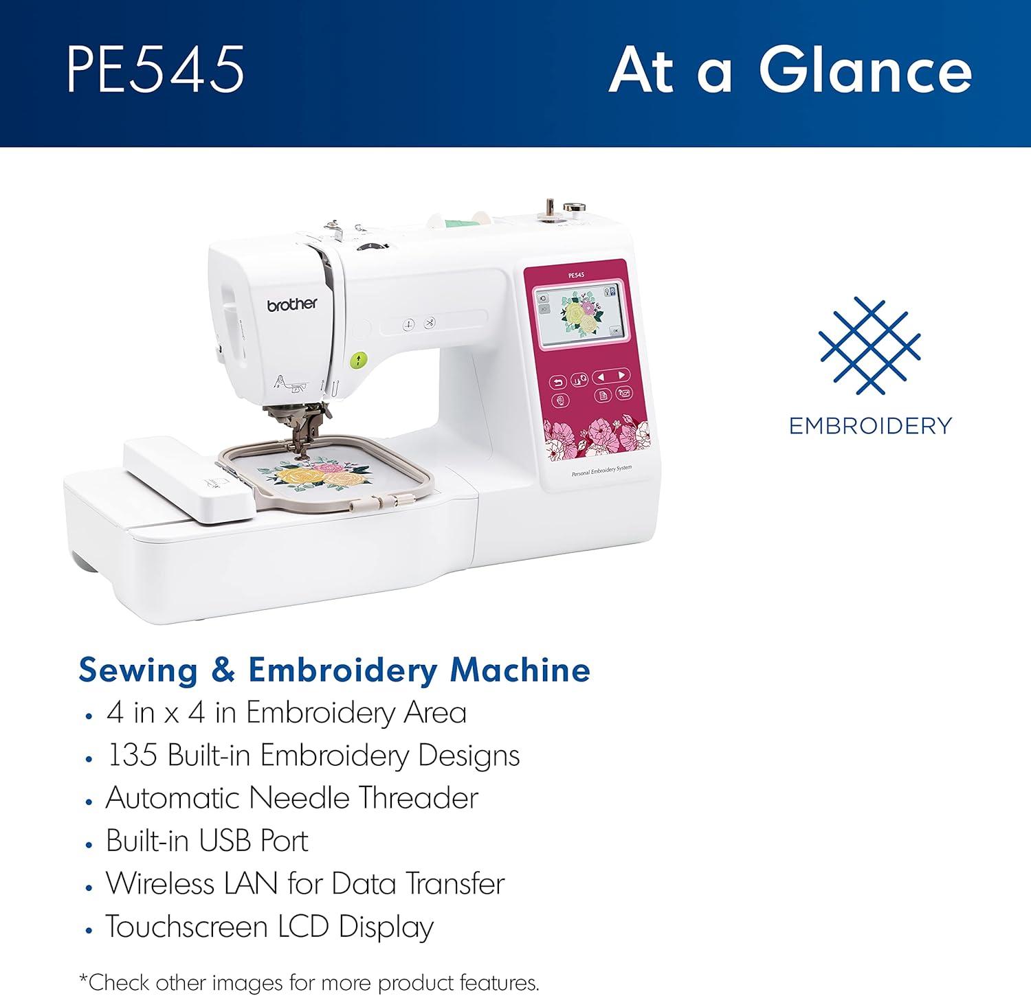Brother PE545 Embroidery Machine, Wireless LAN Connected and 135 Built-in Designs, Plus 100-Piece 75/11 Embroidery Needles