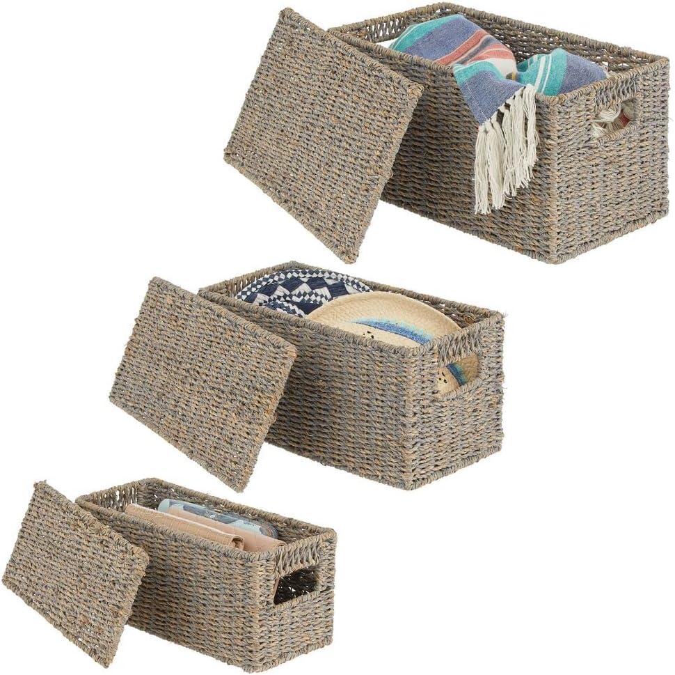 mDesign Woven Seagrass Home Storage Basket with Lid, Set of 3