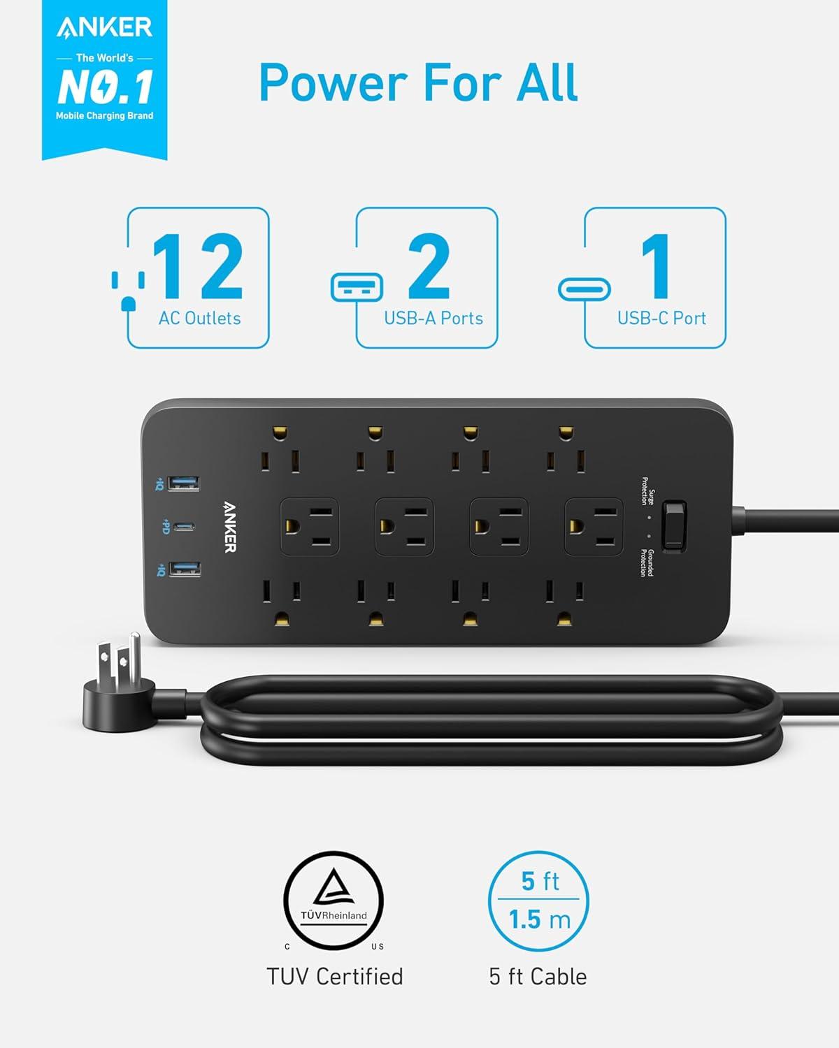 Black 12-Outlet Power Strip with USB-C and USB-A Ports