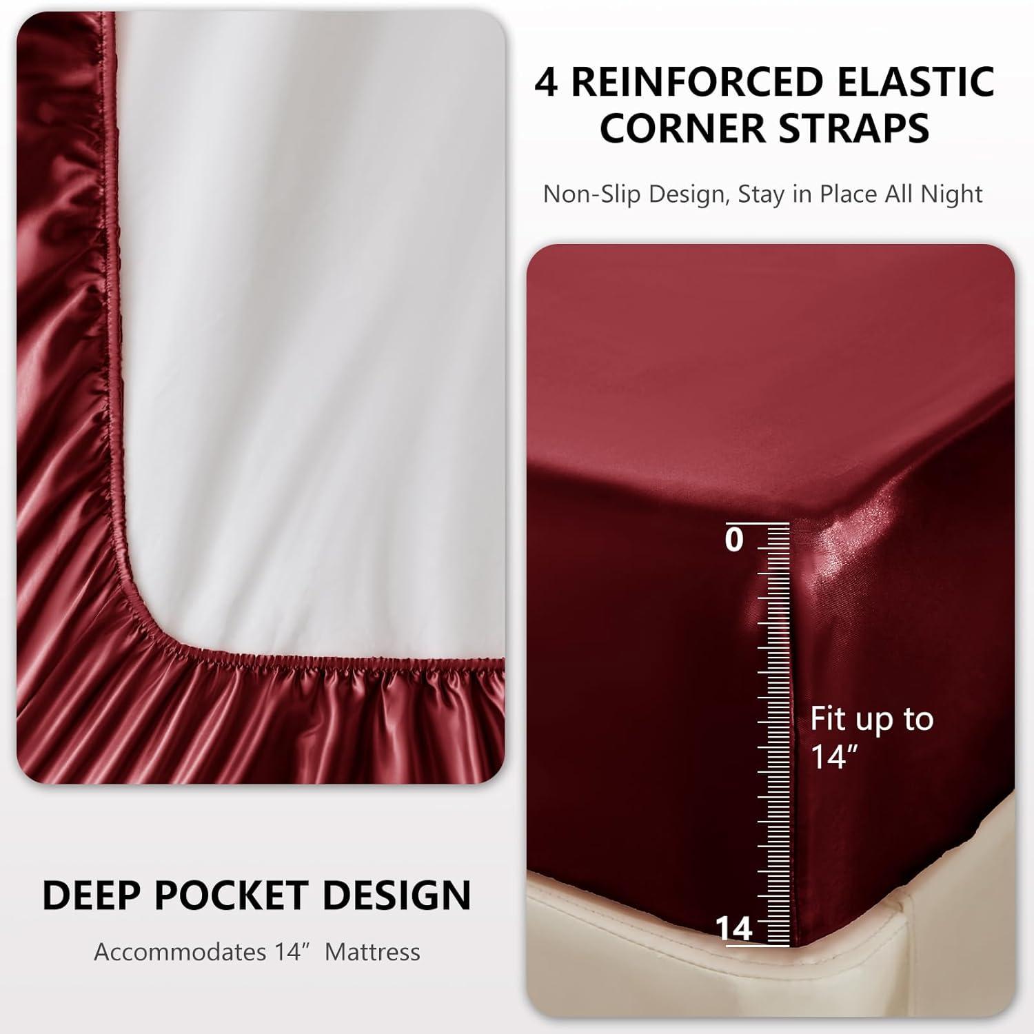 Cloud Fino Luxurious Satin Bed Sheets Burgundy Silk Sheets King 15 " Deep Pocket Pillowcases Sheet, 4-Piece