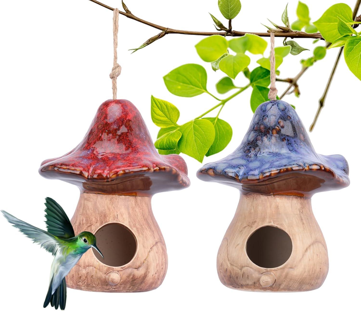 Set of 2 Red and Blue Ceramic Mushroom Birdhouses