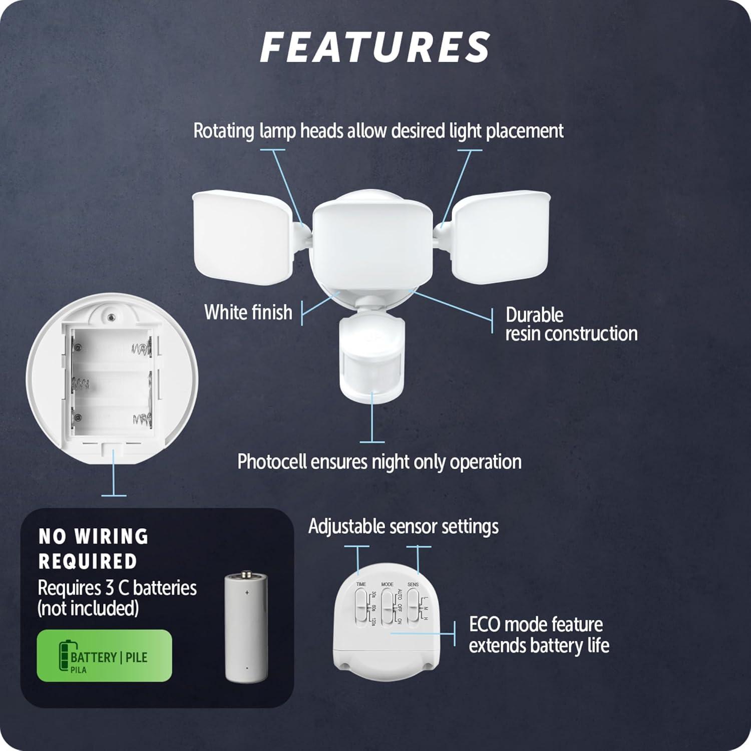 White Polycarbonate Battery Operated Triple Head LED Security Light