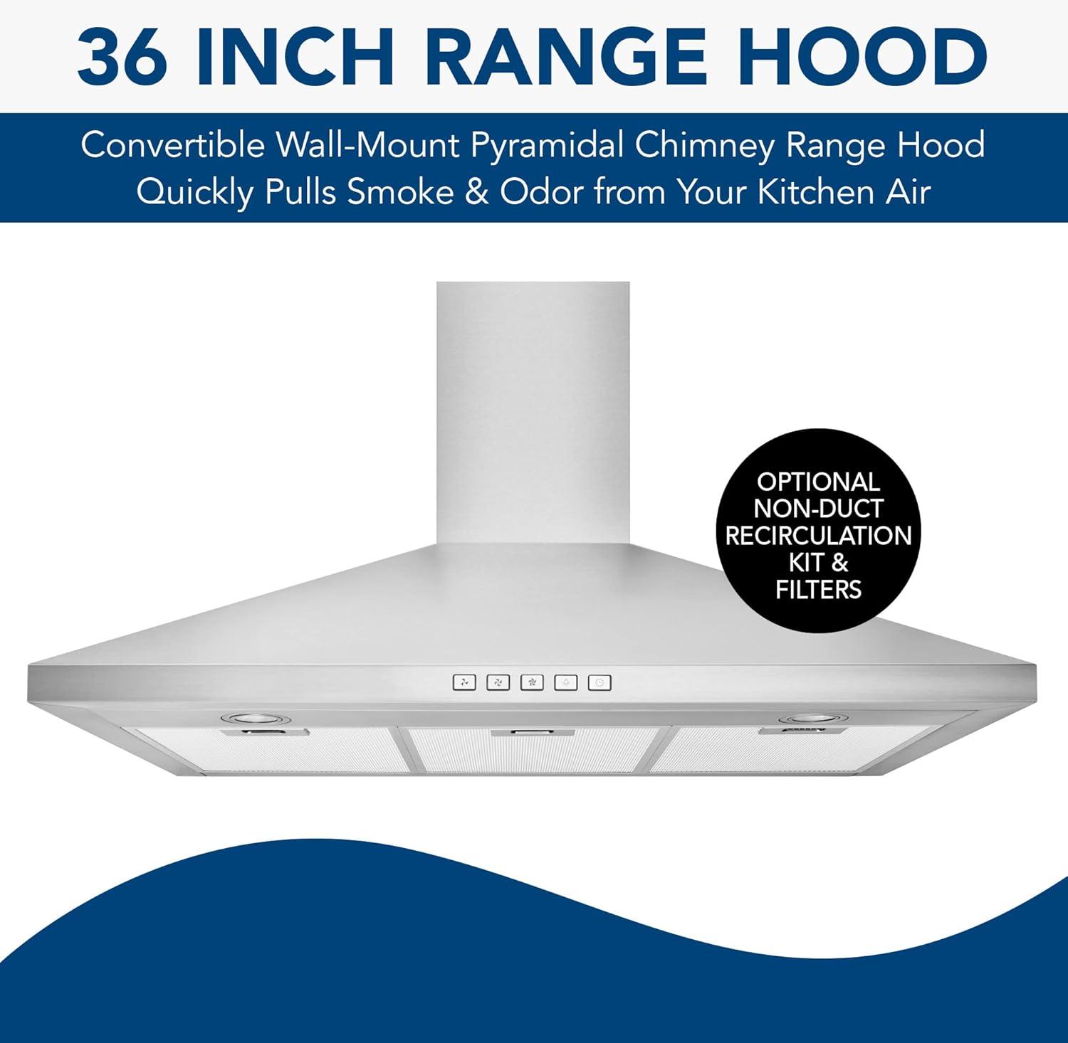 Broan-NuTone BWP1364SS Pyramidal Range LED Lighting Convertiable Wall-Mount Kitchen Chimney Vent Hood, 36-Inch, Stainless Steel