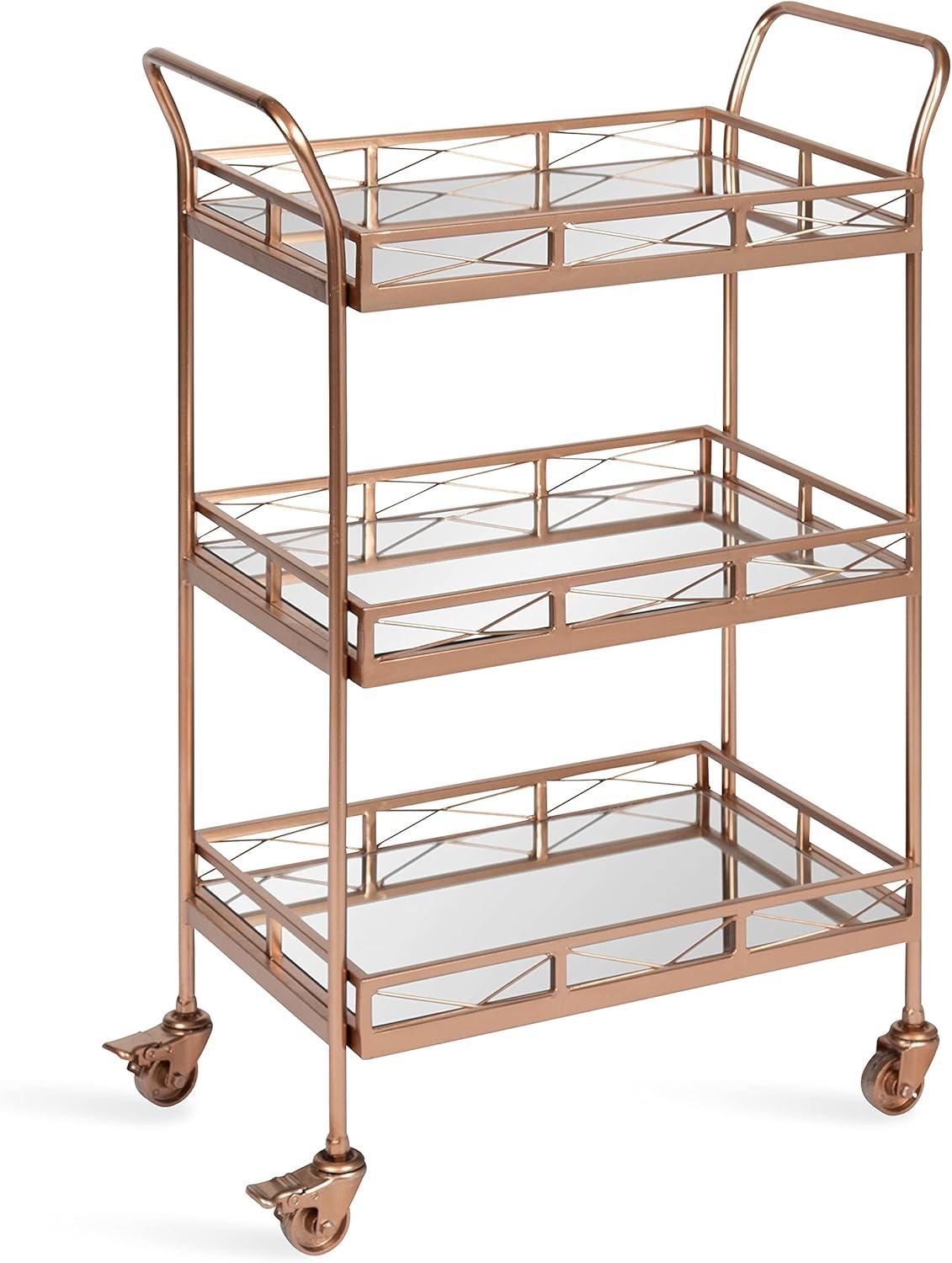 Elegant Rose Gold Metal Bar Cart with Mirrored Tiers and Locking Wheels