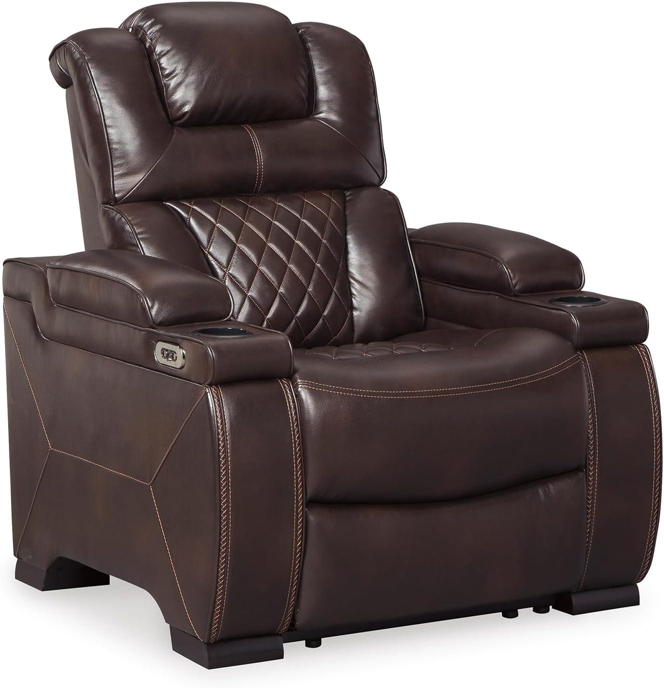 Warnerton Power Recliner with Adjustable Headrest Chocolate: USB Port, Cup Holder - Signature Design by Ashley
