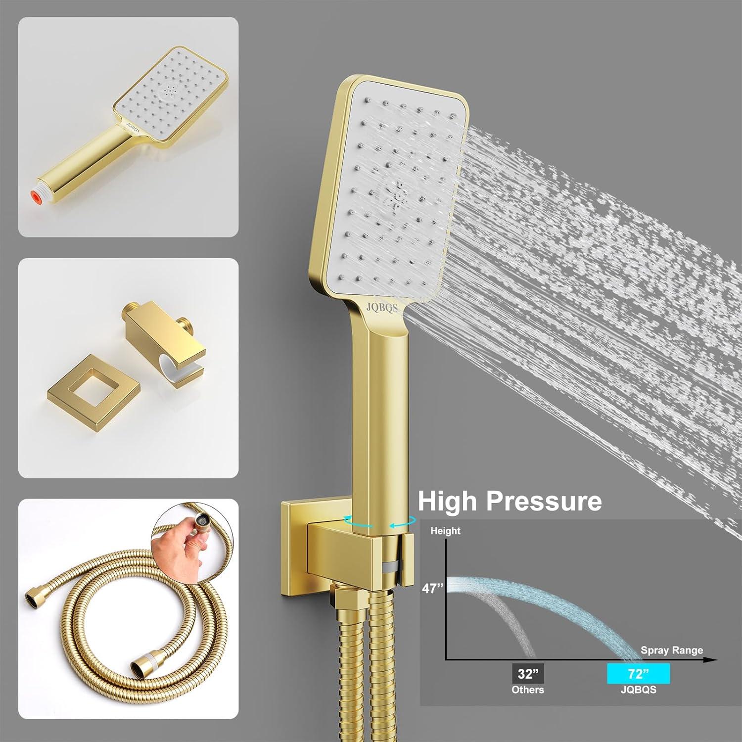 Shower system, 12" (approx. 30.5 cm) rain shower head and handheld spray bathroom shower unit with brass valve and wall trim kit Gold