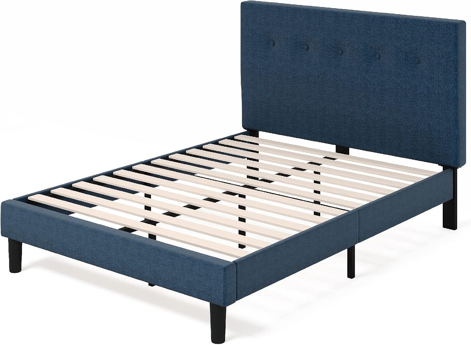 Navy Upholstered Queen Platform Bed with Tufted Headboard