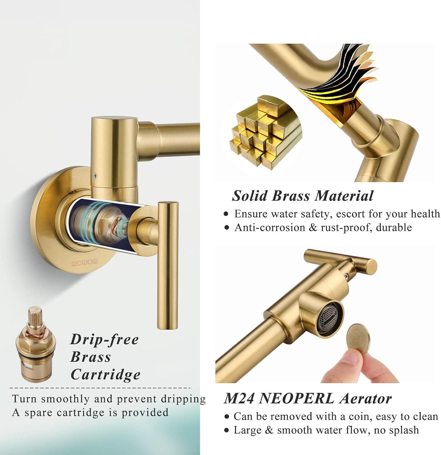 Brushed Gold Wall-Mount Dual Handle Pot Filler Faucet