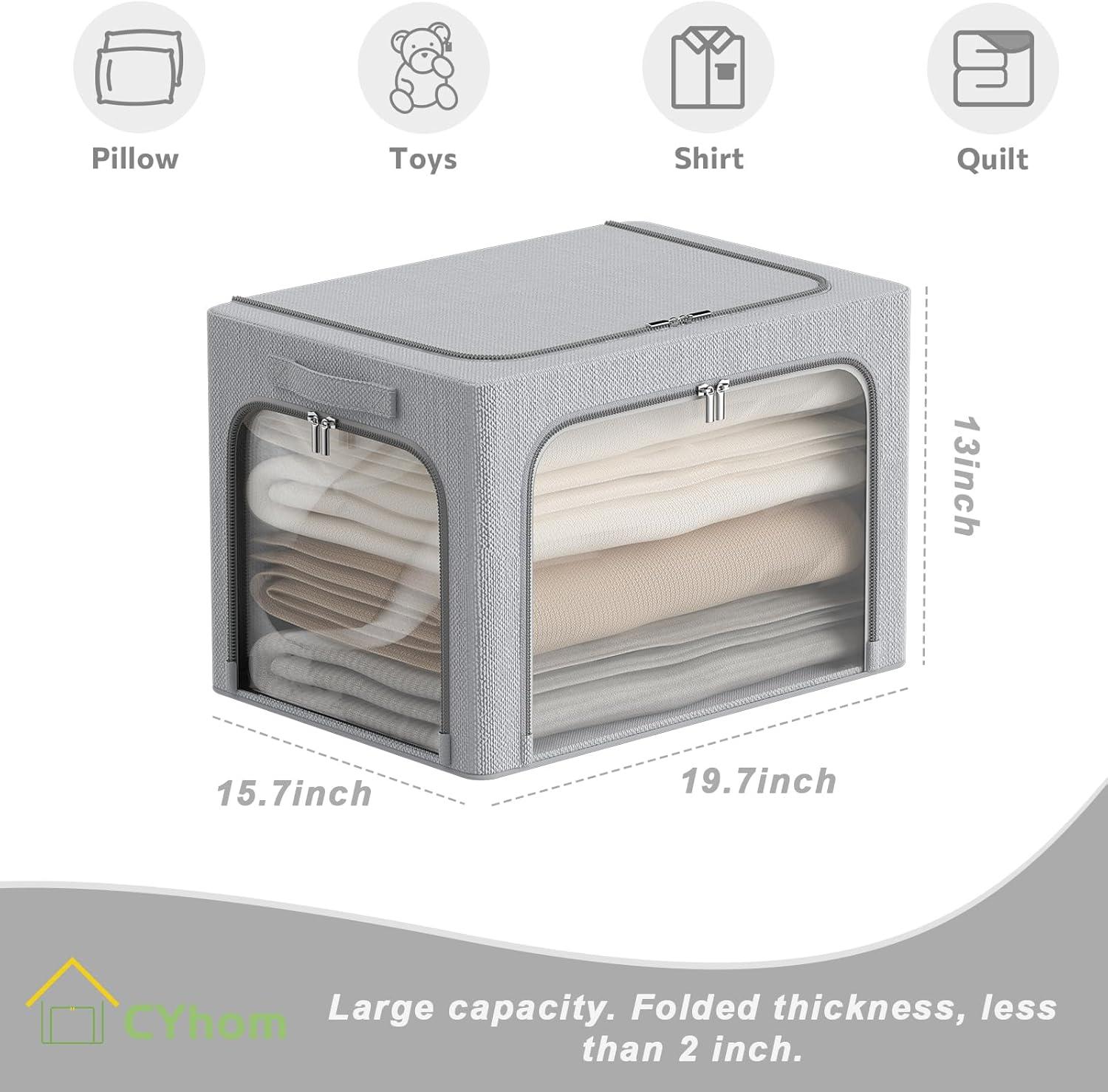 3 Openings Clothes Storage Bins with Metal Frame, Foldable Storage Bin for Clothes, Clothing Storage Bins with Lid, Linen Storage Box With Clear Window＆ Zippers＆ Durable Handles.(3 Pcs,Light Grey,40L)