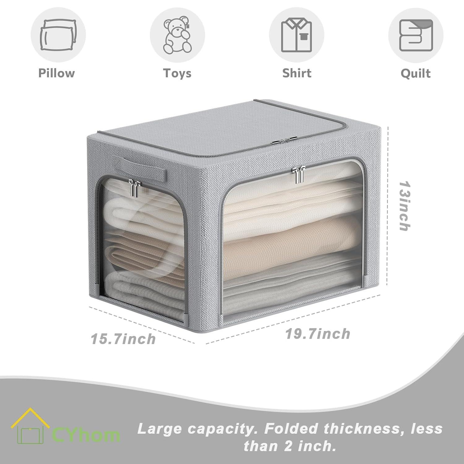 3 Openings Clothes Storage Bins With Metal Frame, Foldable Storage Bin For Clothes, Clothing Storage Bins With Lid, Linen Storage Box With Clear Window& Zippers& Durable Handles.(3 Pcs,Light Grey,40L)