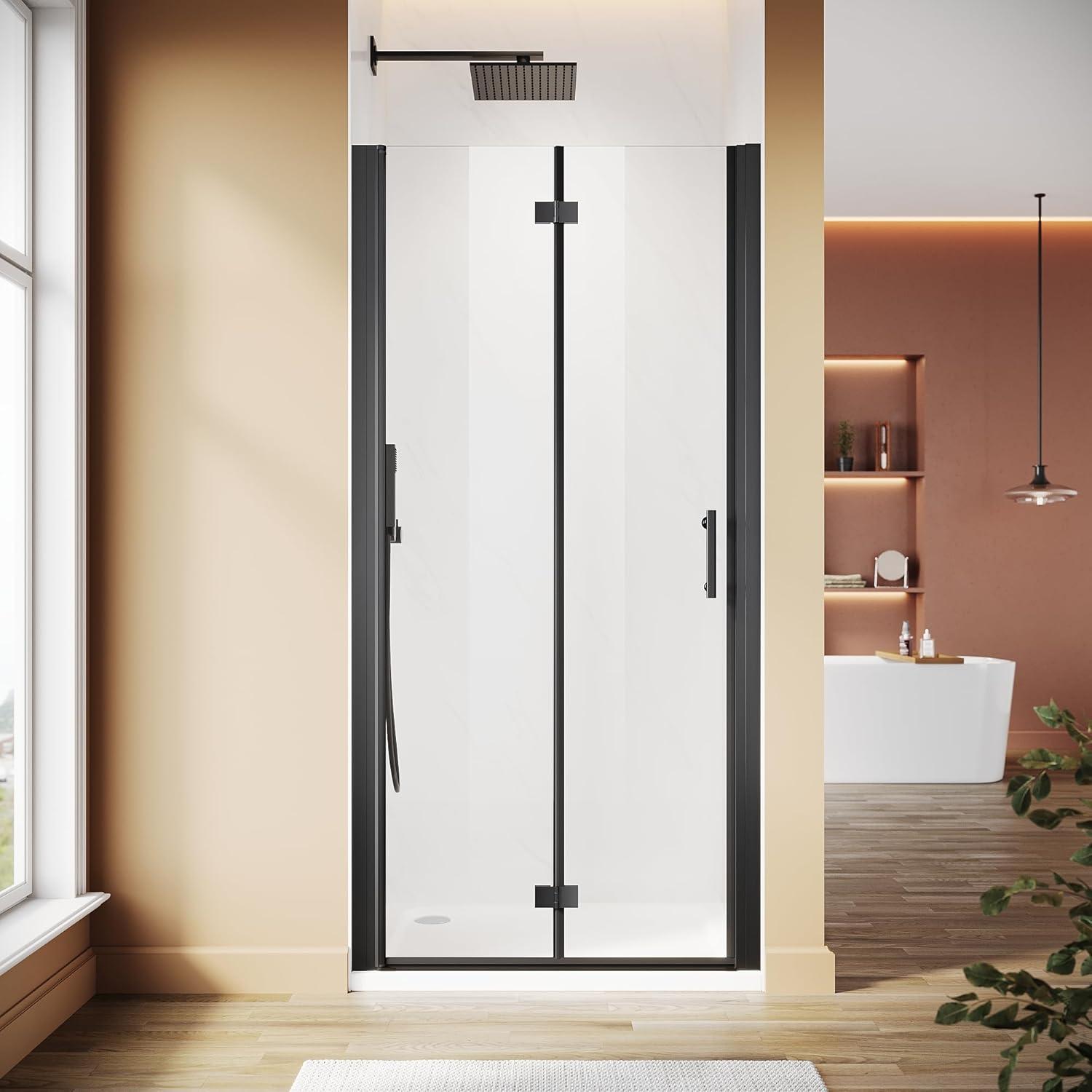 Sunny Shower Bifold Pivot Swing Frameless Shower Door in Black 34 in.W x 72 in.H
