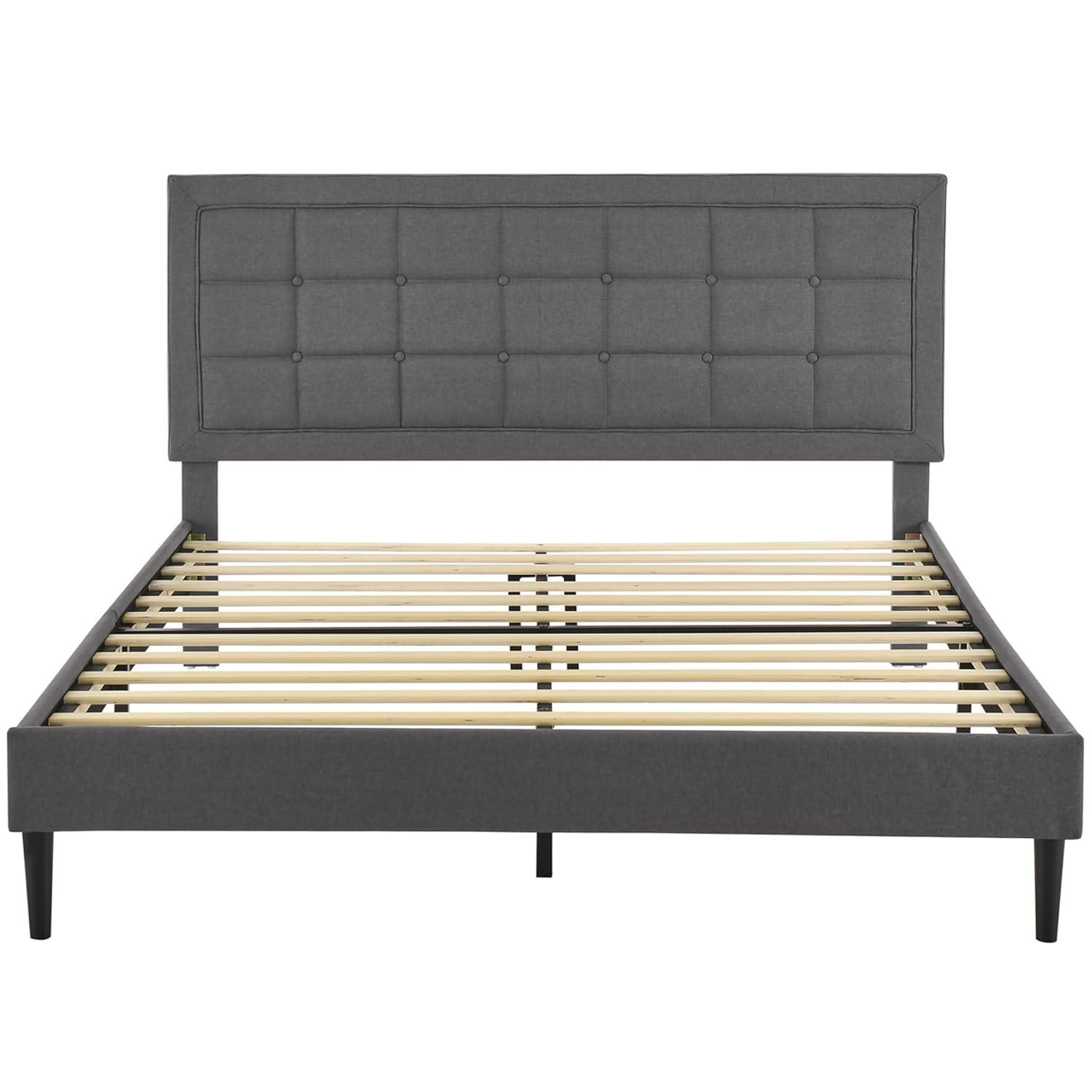 DeCoro Mornington Upholstered 2.0 Platform Full Size Bed Frame with Headboard for Indoor Use, Bedrooms, and Sleep Essentials, Queen, Grey
