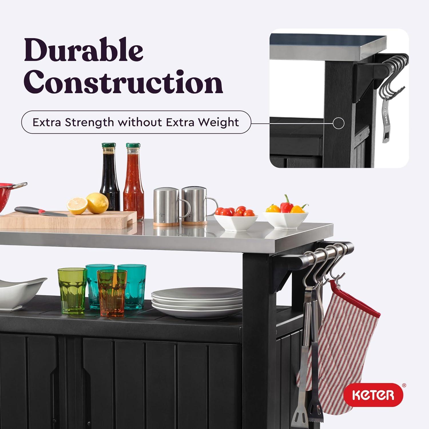 Keter Unity XL Outdoor Durable Kitchen Rolling Bar Cart with Storage Cabinet, Graphite