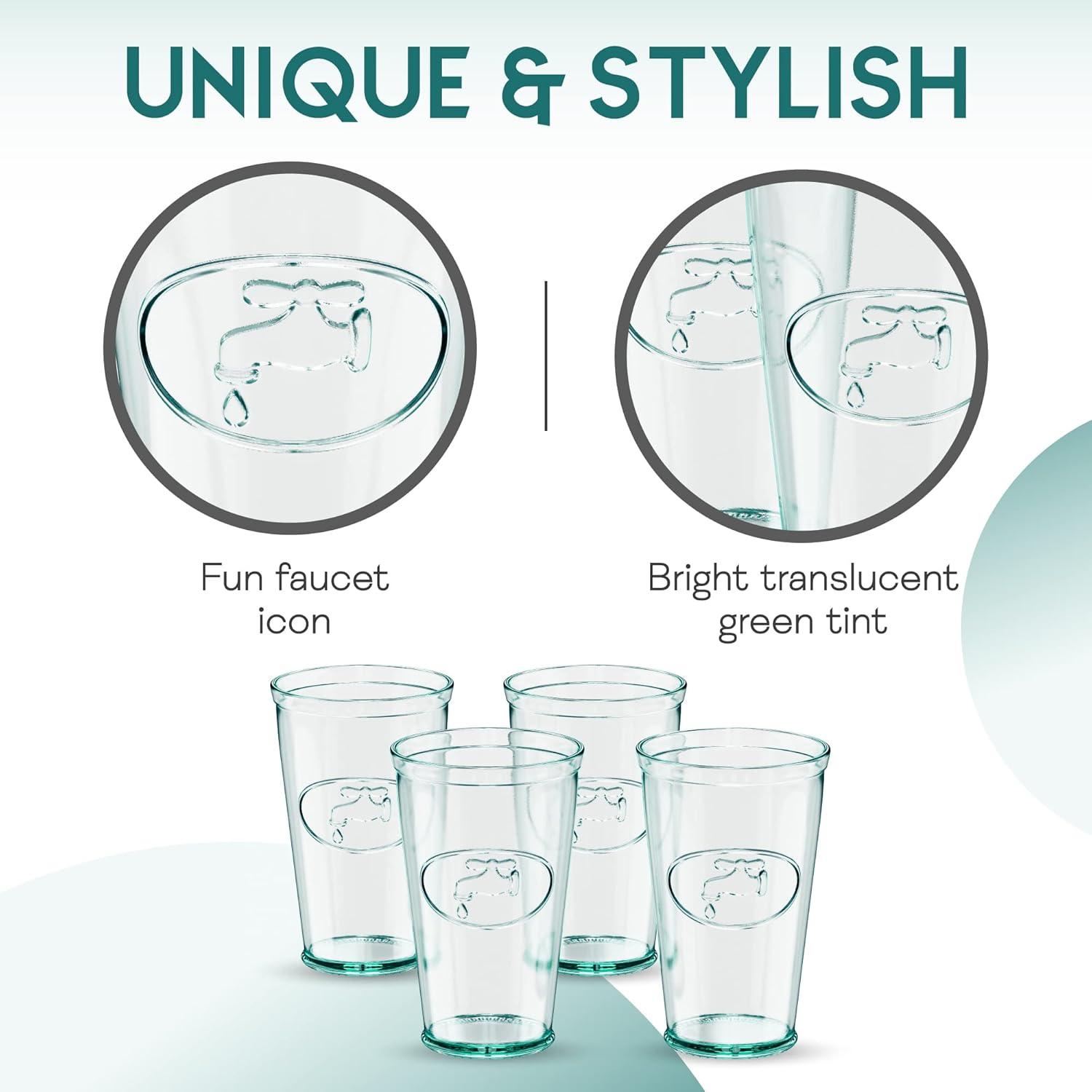 Amici Home Italian Recycled Green Water Tap Hiball Glass, Drinking Glassware with Green Tint, Embossed Water Faucet Icon, Set of 4,16-Ounce