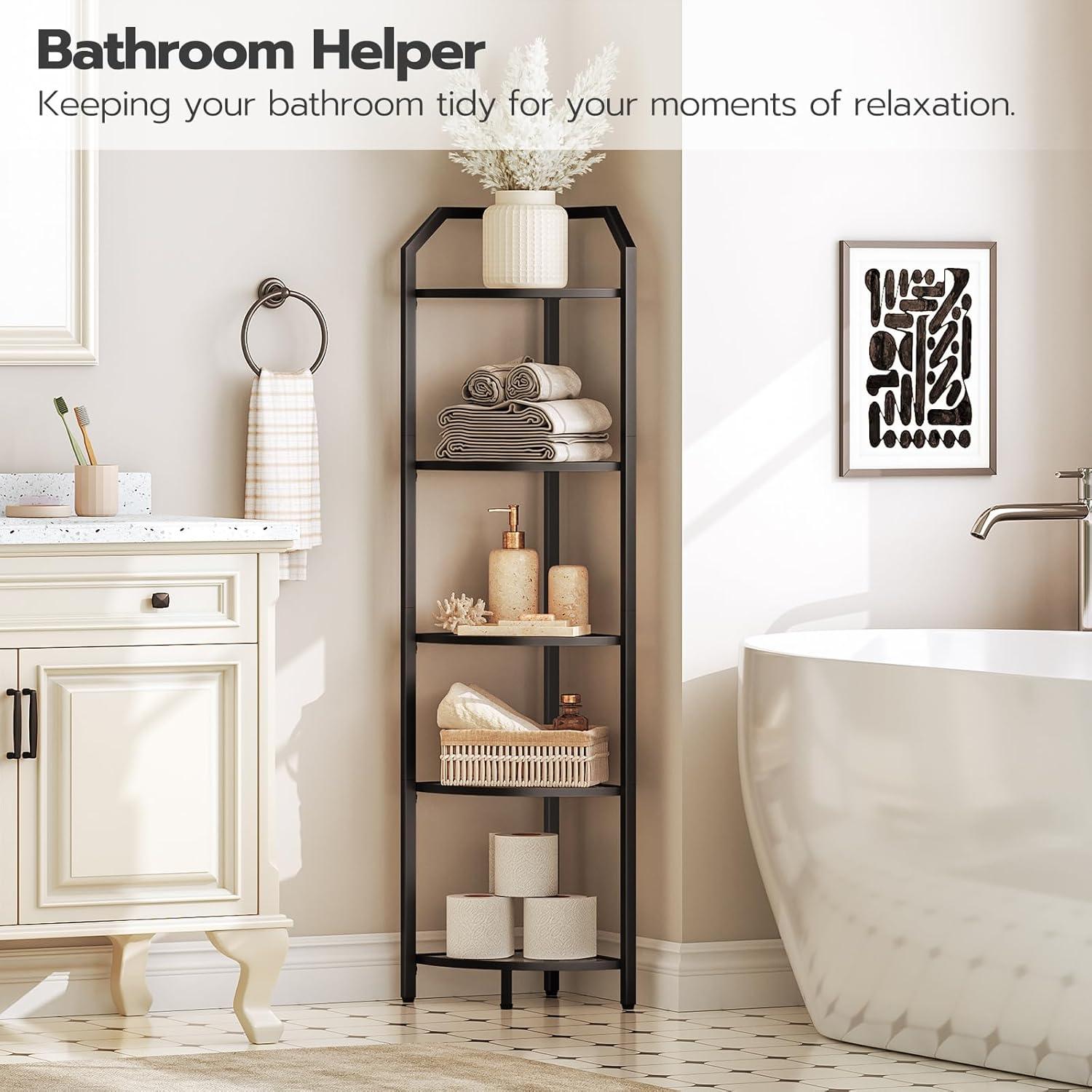 HOOBRO 5-Tier Corner Shelf Stand, Black Corner Bookshelf, Tempered Glass Shelves, Bathroom Organizer, Corner Plant Stand, for Living Room, Study, Balcony, Home Office, Modern Style, Black BK15CJ01